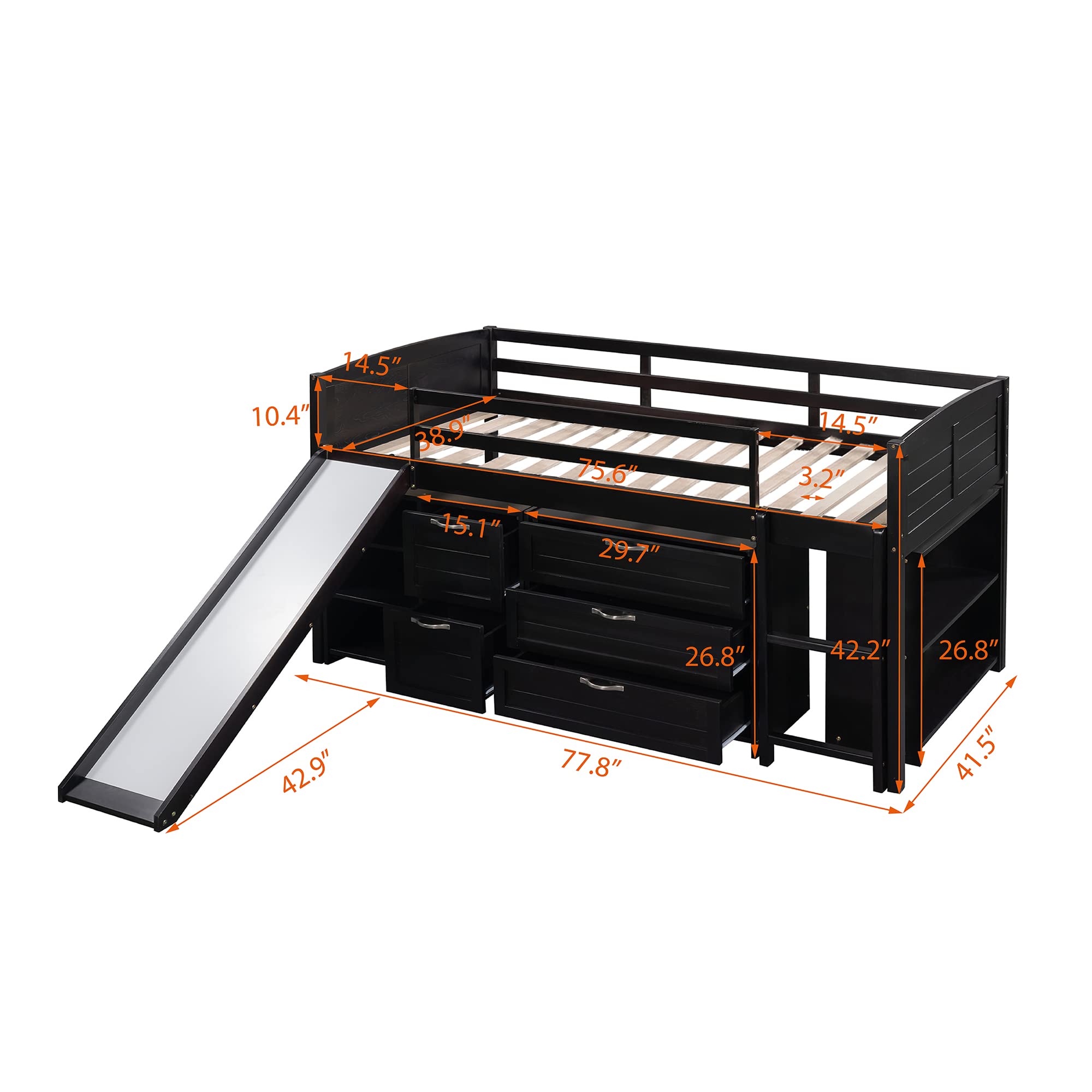 MERITLINE Twin Loft Bed with Slide - Kids Wooden Loft Bed with Storage Shelves, Drawers & Cabinet - Low Profile Twin Size Loft Bed Frame for Bedroom, Living Room or Playroom - Espresso Finish (New)
