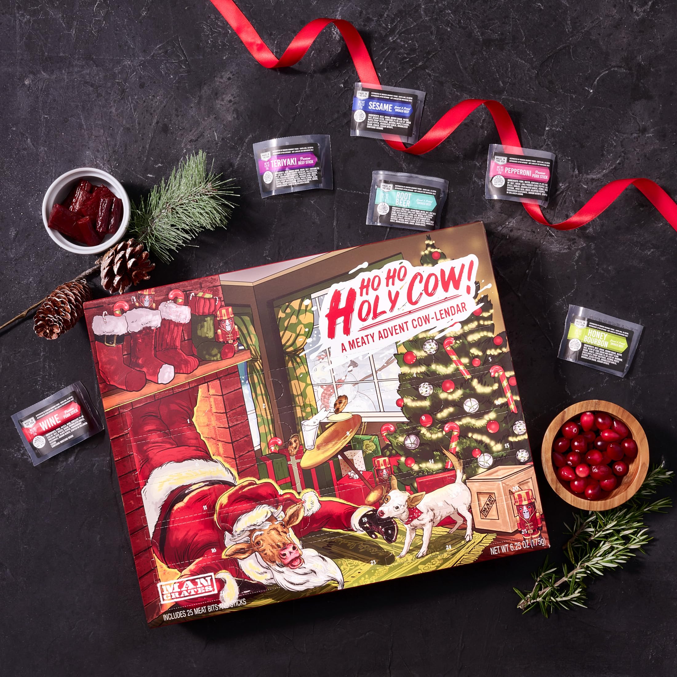 2024 Man Crates Jerky Advent Calendar with 'Ho-Ho-Holy Cow' Artwork – 25 Premium Beef Jerky Bites in Unique Flavors (Orange Habanero, Rootbeer) – Perfect Holiday Gift for Meat Lovers & Advent Calendar Enthusiasts