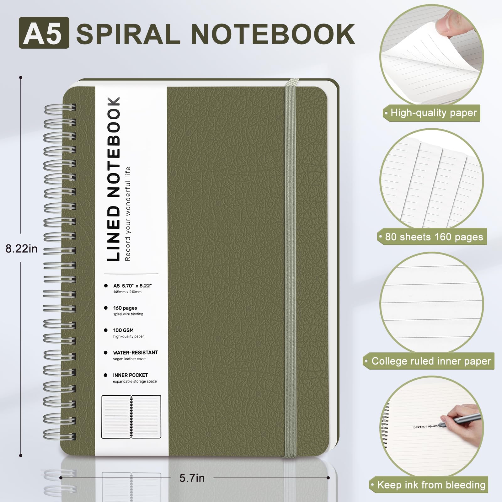 Premium Lined Spiral Notebook - A5 Hardcover Leather Journal with 100GSM Thick Paper (5.7×8.2 inches) for Office, School & Business Note Taking - Perfect Gift for Women & Men - Green - Ideal for Journaling, Meeting Notes & Daily Planning