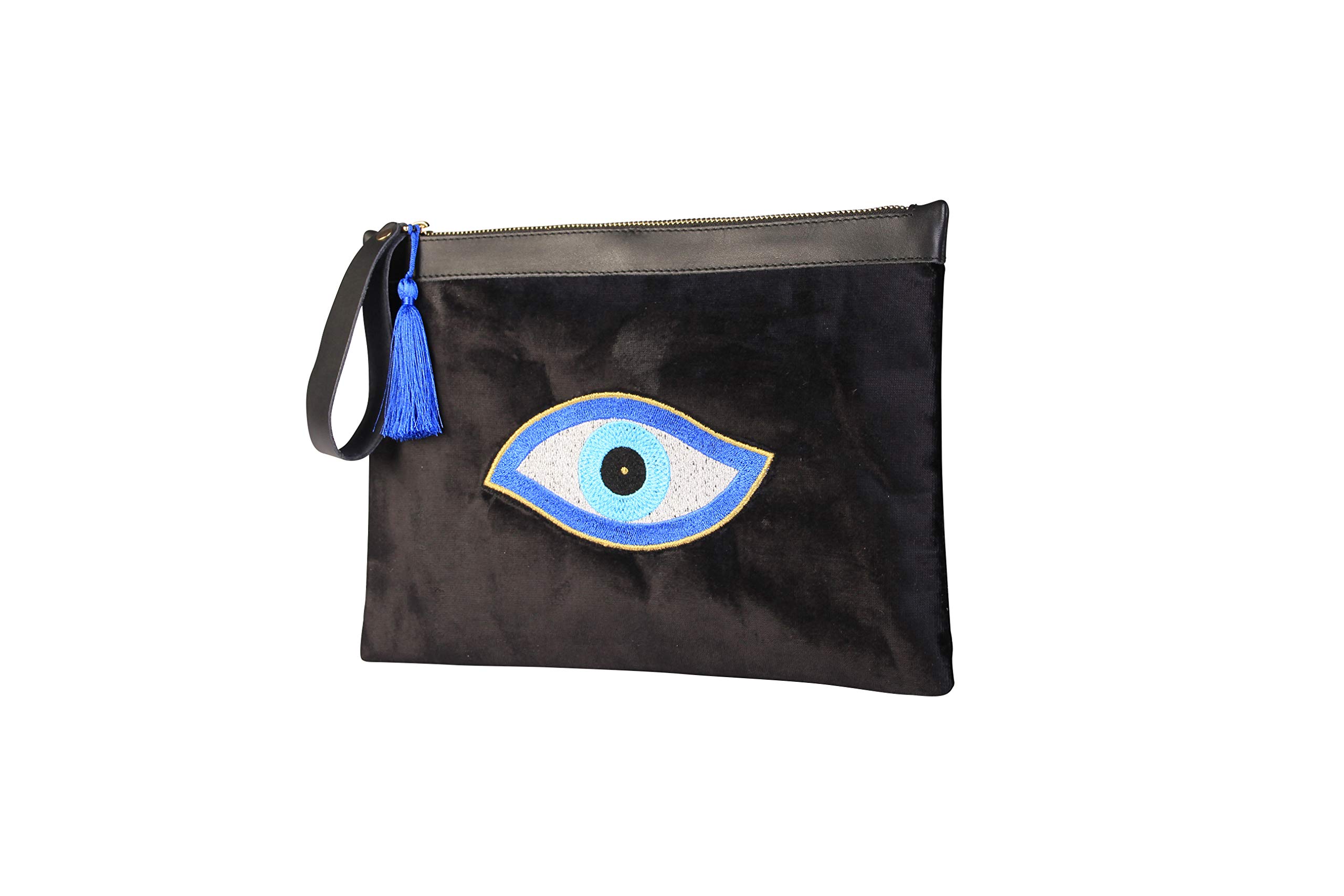 Evil Eye Embroidery Black Velvet Clutch Bag - Eyes of Ra Protection Charm - Medium Size Women's Evening Purse for Beach, Summer, Party & Wedding Occasions