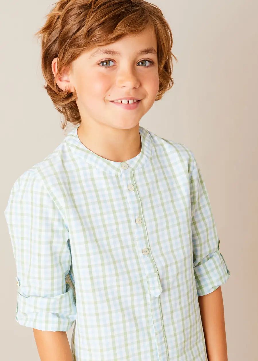 Maxwell Gingham Checkered Long Sleeve Button-Down Shirt with Mao Collar - Green Plaid Casual Top for Boys (3-10 Years) | School, Party & Family Outing Wear
