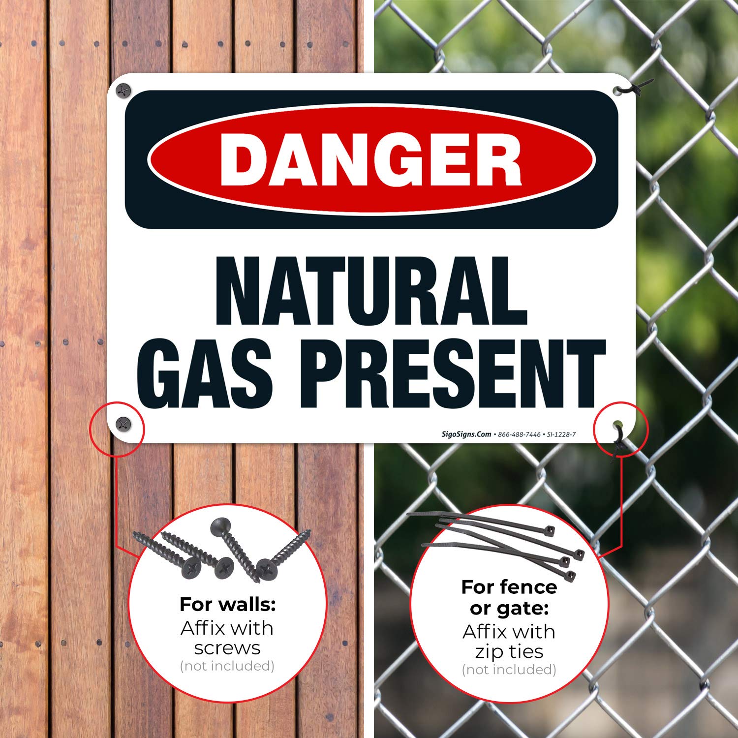 Danger Natural Gas Present Sign - OSHA Compliant 10x7 Inch Rust-Free Aluminum Safety Sign, Fade Resistant for Indoor/Outdoor Use - Made in USA | Perfect for Construction Sites, Factories & Hazardous Areas