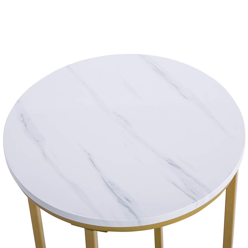 White Marble Round Side Table with MDF Metal Base - Modern Coffee Table & Accent End Table for Living Room, Bedroom, Apartment - Perfect for Small Spaces & Home Decor