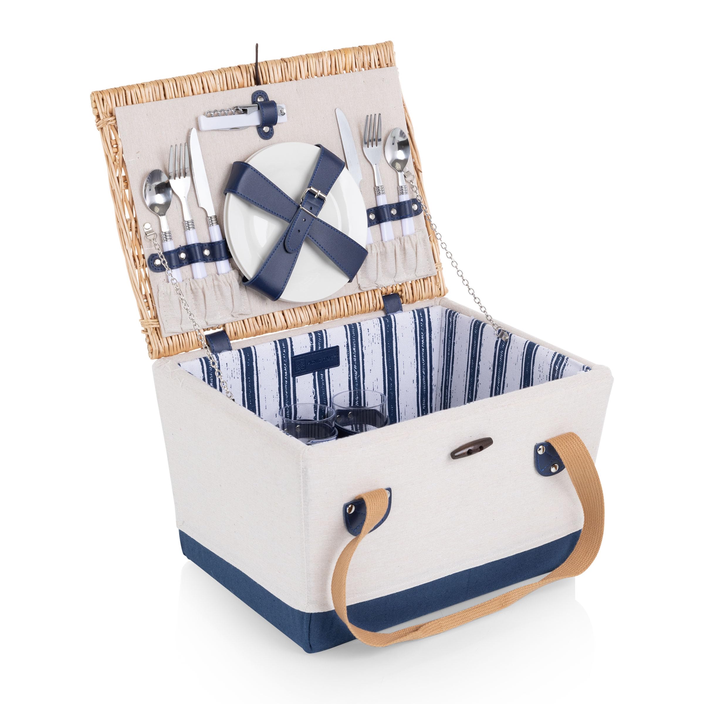 PICNIC TIME Boardwalk Picnic Basket Set - Romantic Wicker Picnic Basket for 2 with Plates, Utensils & Wine Glasses - Perfect for Beach, Park Dates & Outdoor Dining