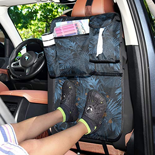WELLDAY Car Backseat Organizer with Pockets - Waterproof Trunk Storage for Travel, Kick Mats Protector for Kids & Toddlers (Indigo Tropical Leaves, 1PC) - Perfect for Road Trips, Family Vacations and Daily Commute