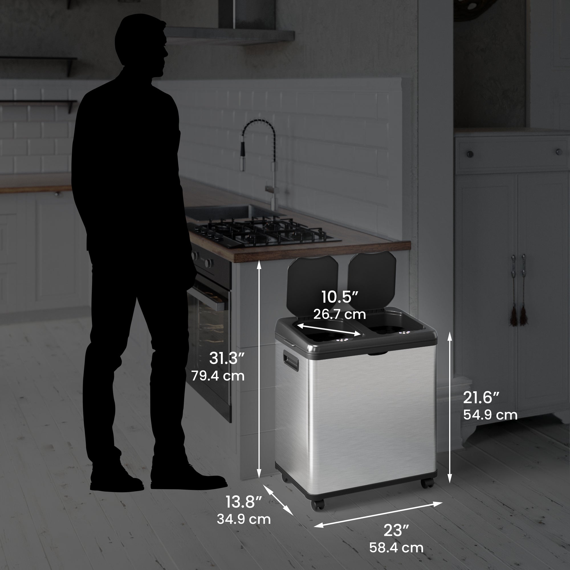 16 Gallon Dual Compartment Self-Contained Electric Motion Sensor Trash Can - Automatic Touchless Kitchen Waste Bin with Lid (Black) for Home, Office & Restaurant Recycling