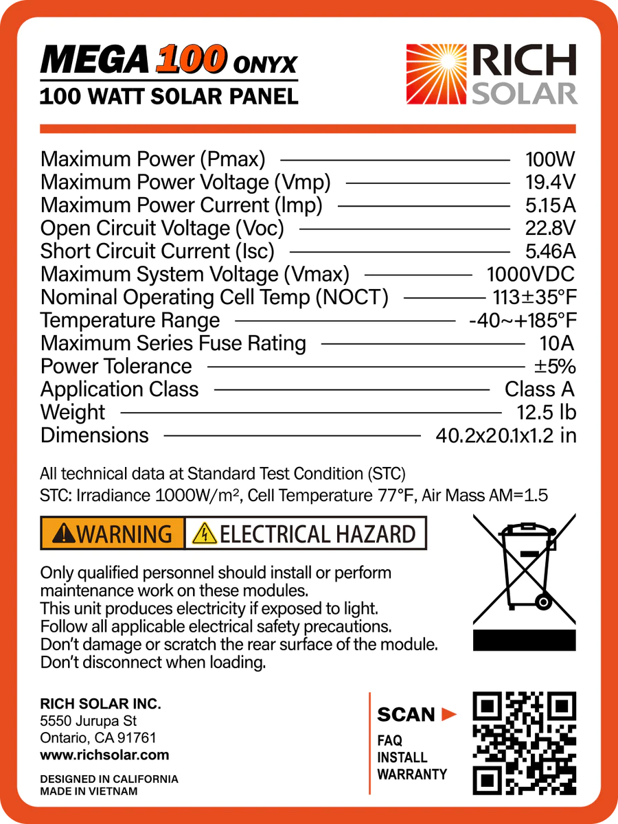 Rich Solar MEGA 100 Watt ONYX Black Monocrystalline Solar Panel - High Efficiency Portable Solar Panel for RV, Boat, Off-Grid & Emergency Power Use