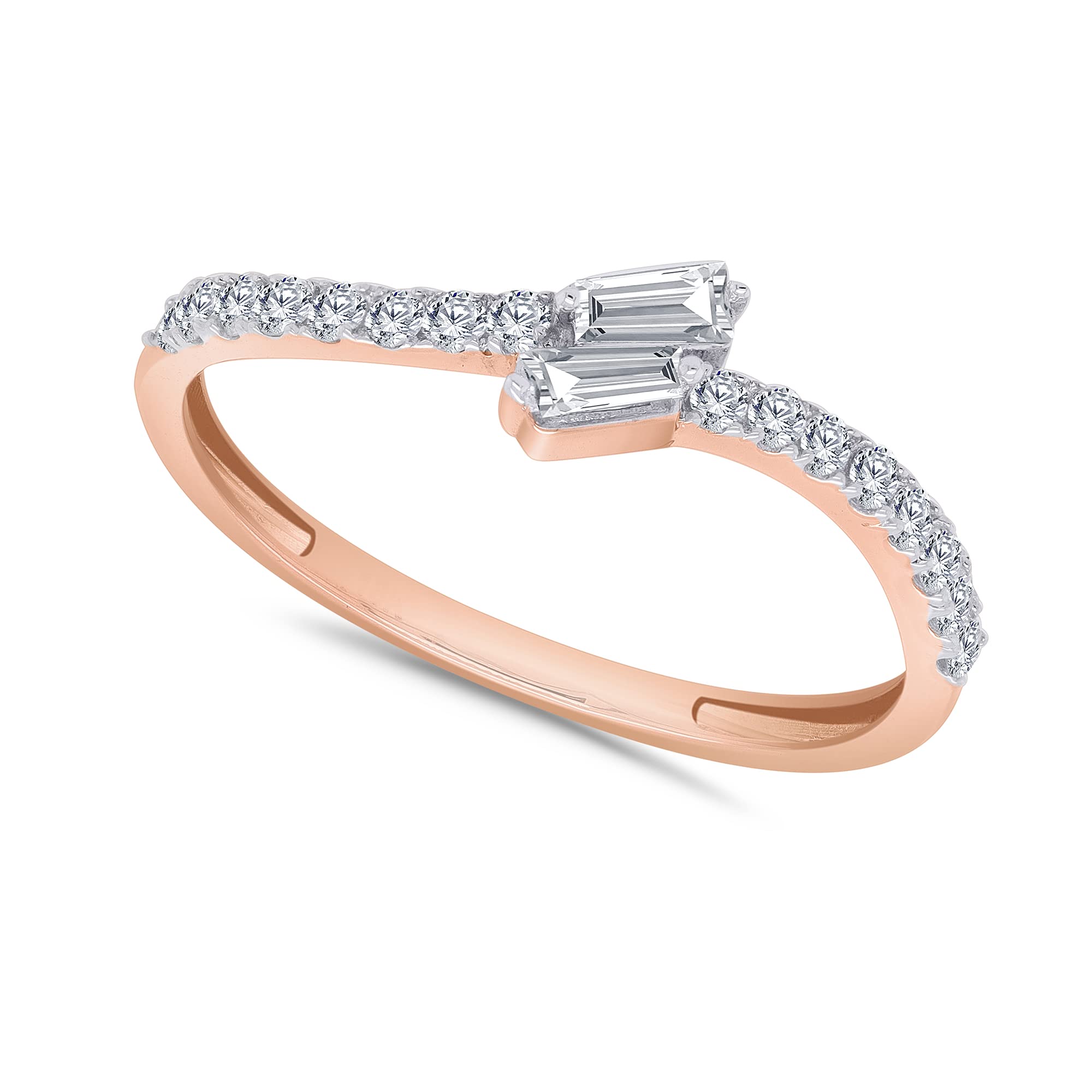 14K Gold Plated 925 Sterling Silver Two Stone Bypass Ring - 0.30 Ct Round & Baguette Diamond Women's Jewelry | Elegant Gift for Her (H-I Color, I2 Clarity) | Perfect for Anniversaries, Engagements & Special Occasions