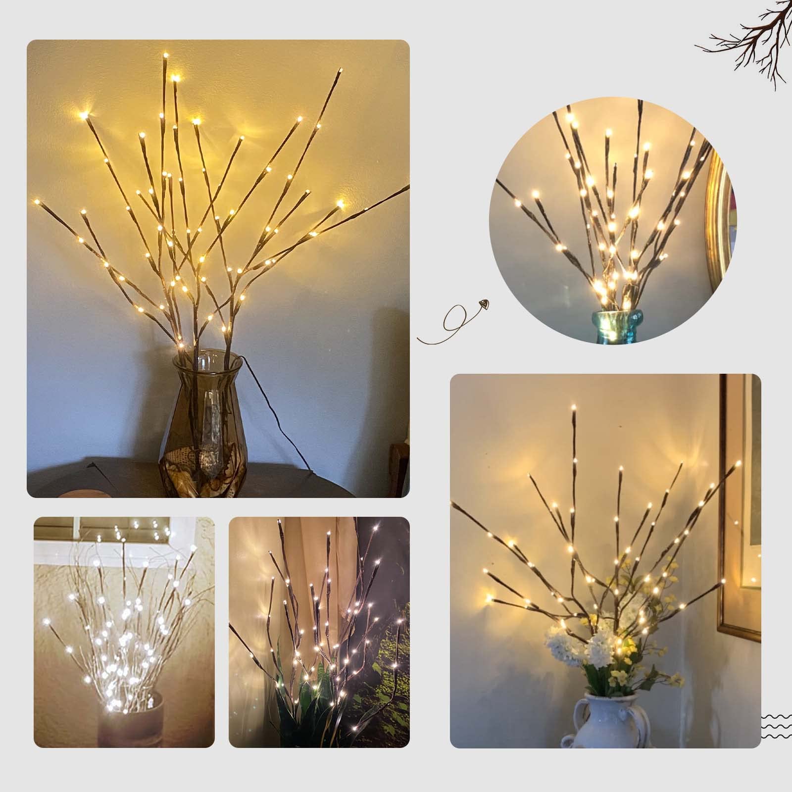 PEIDUO 30Inch 3PK 60 LED Willow Branch Lights with Timer - Waterproof Outdoor Pathway Lights & Indoor Decorative Stake Lights for Lawn, Garden, Patio, Wedding, Party Decorations