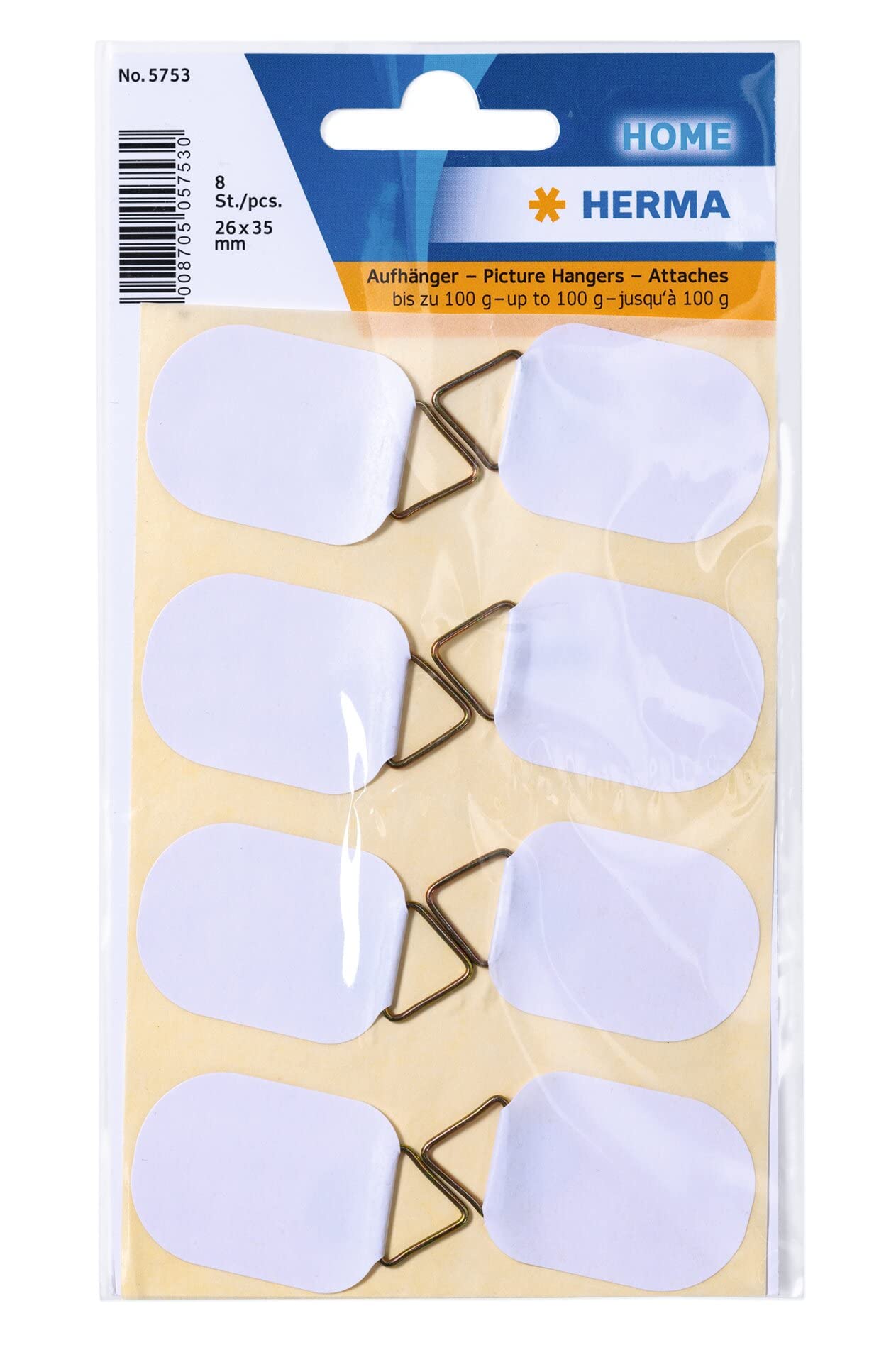 HERMA 5753 Self-Adhesive Picture Hangers - 8 Pack (26x35mm) - White Linen Texture Paper - 100g Load Capacity - Permanent Adhesive for Photos, Posters & Artwork - Perfect for Home, Office & Gallery Displays