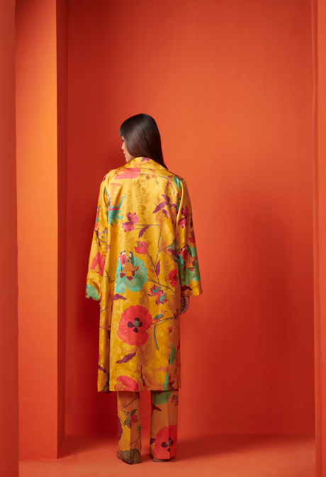 Luxury Long Coat Women's Silk Damask Mustard Yellow Outerwear - Elegant Fall & Winter Fashion for Parties, Weddings & Formal Events