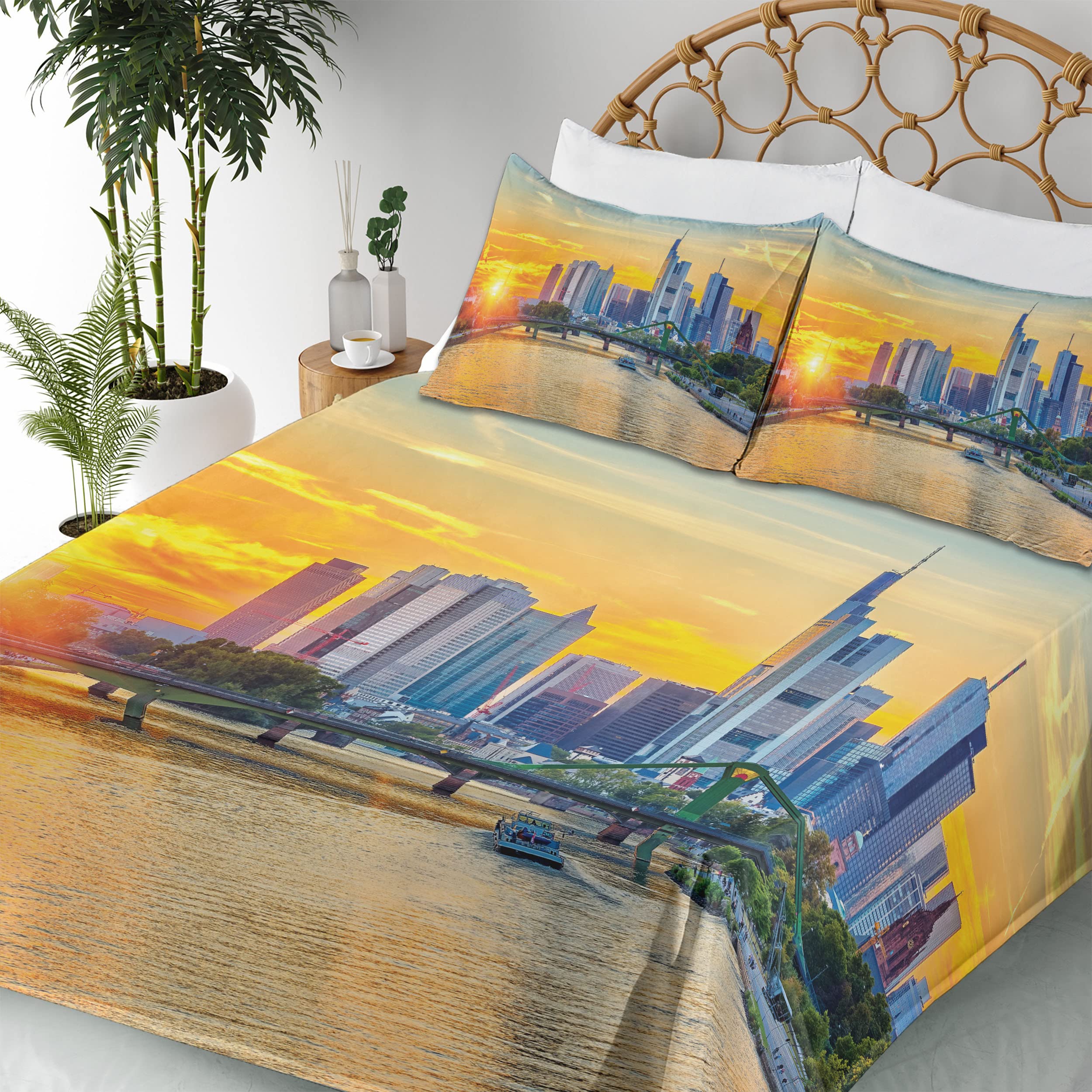 Ambesonne Scenery Sheet Set - Frankfurt Sunset Architecture Landmark Skyscraper Vibrant Colors Waterfront - 4 Piece King Size Bedding Set with Fitted Sheet, Flat Sheet & Pillowcases - Marigold & Blue - Perfect for Modern Bedrooms, Guest Rooms & Vacation Homes