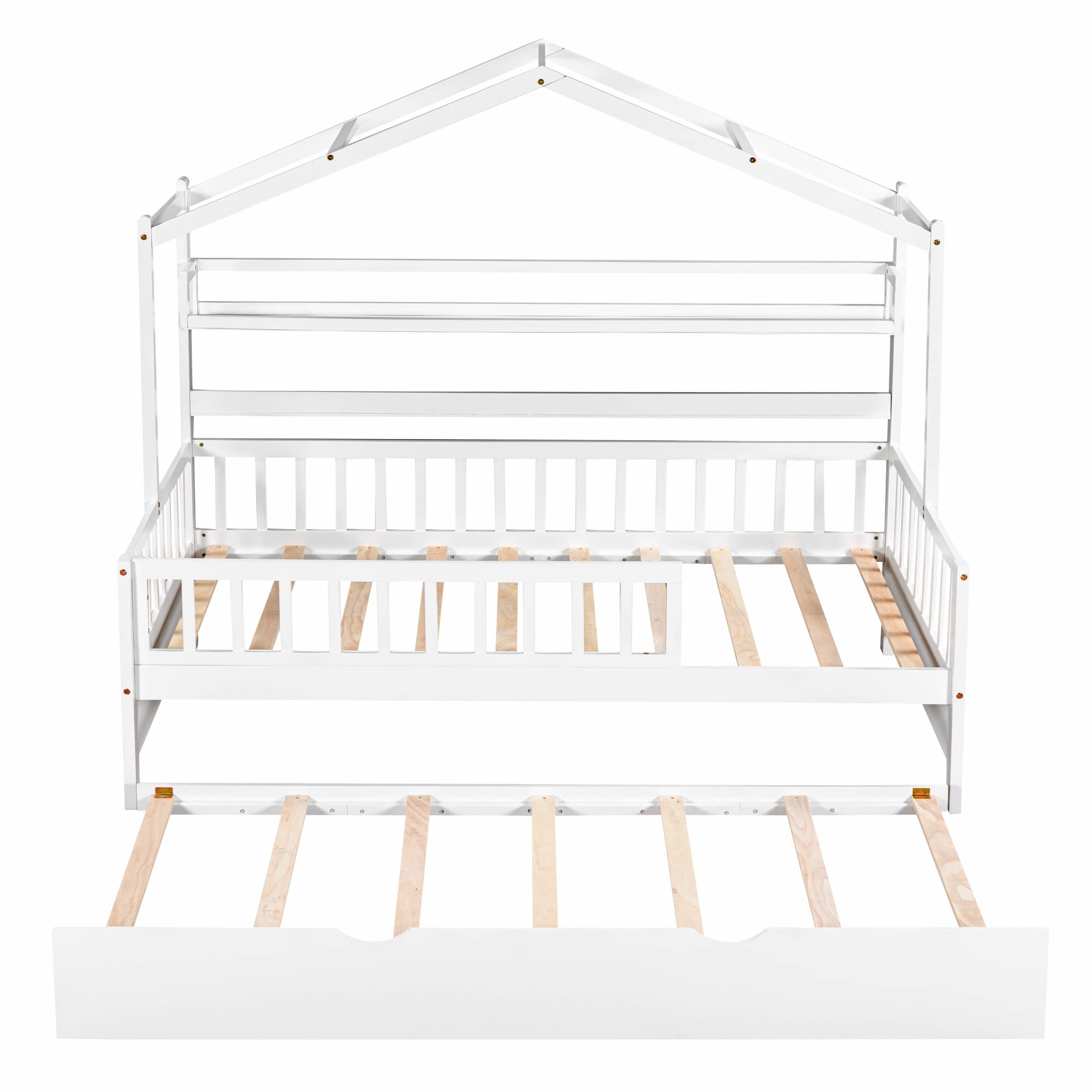 P PURLOVE Twin Size House Bed Frame with Trundle - Montessori Style Kids Bed for Boys & Girls, White - Perfect for Bedrooms, Playrooms & Montessori Learning Spaces