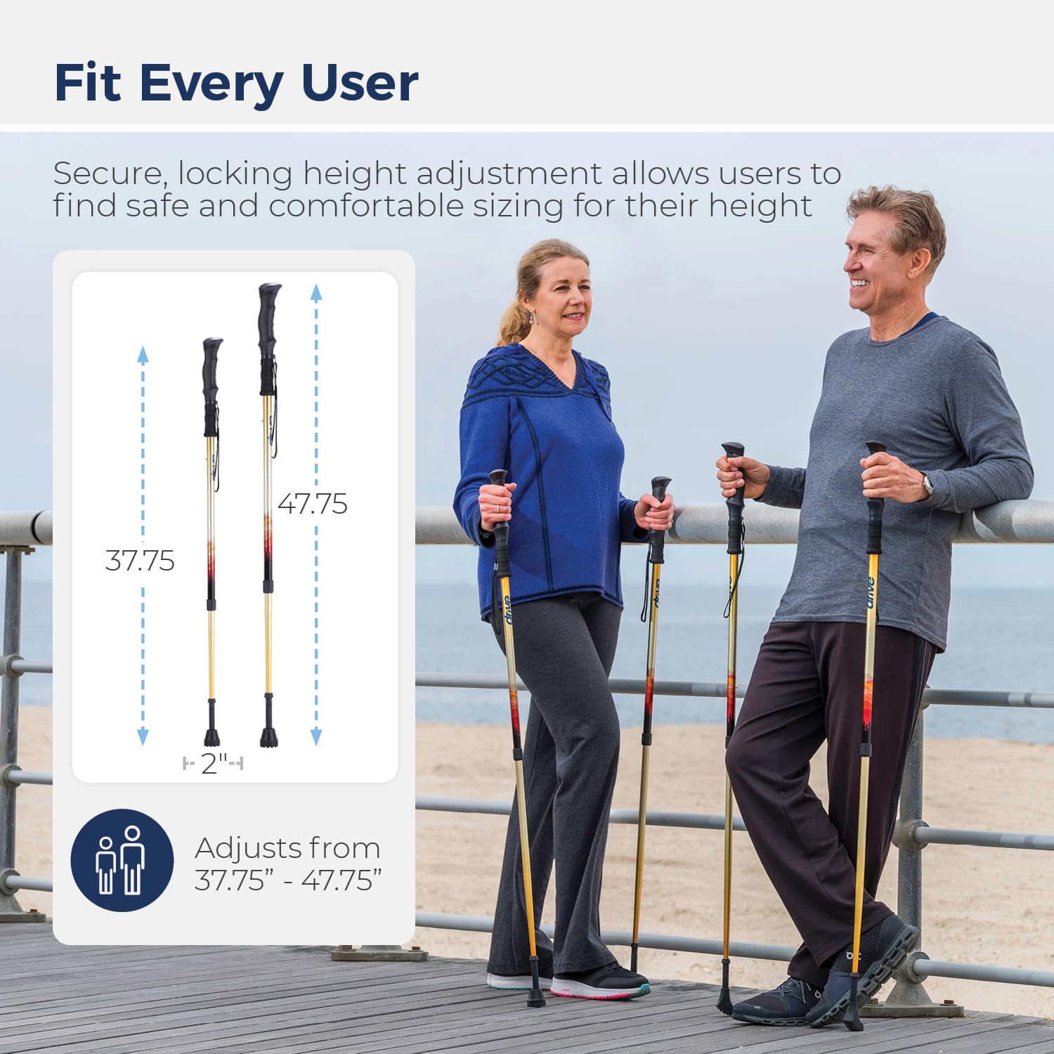 Drive Medical Summit Adjustable Nordic Walking Poles - Ergonomic Trekking Poles for Women, Men & Seniors with Comfortable Handles & Dual Tips - Perfect for Hiking, Mountain Climbing & Daily Walking Support