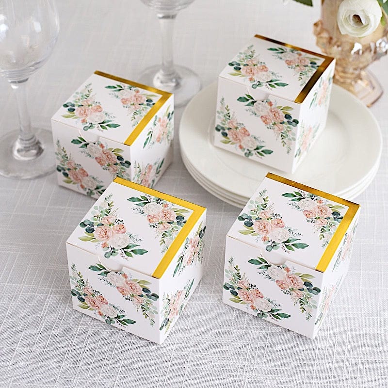 25 Pack 3x3 Inch Square Floral Printed Favor Gift Boxes - White - Perfect for Wedding Favors, Party Decorations and Small Gift Packaging