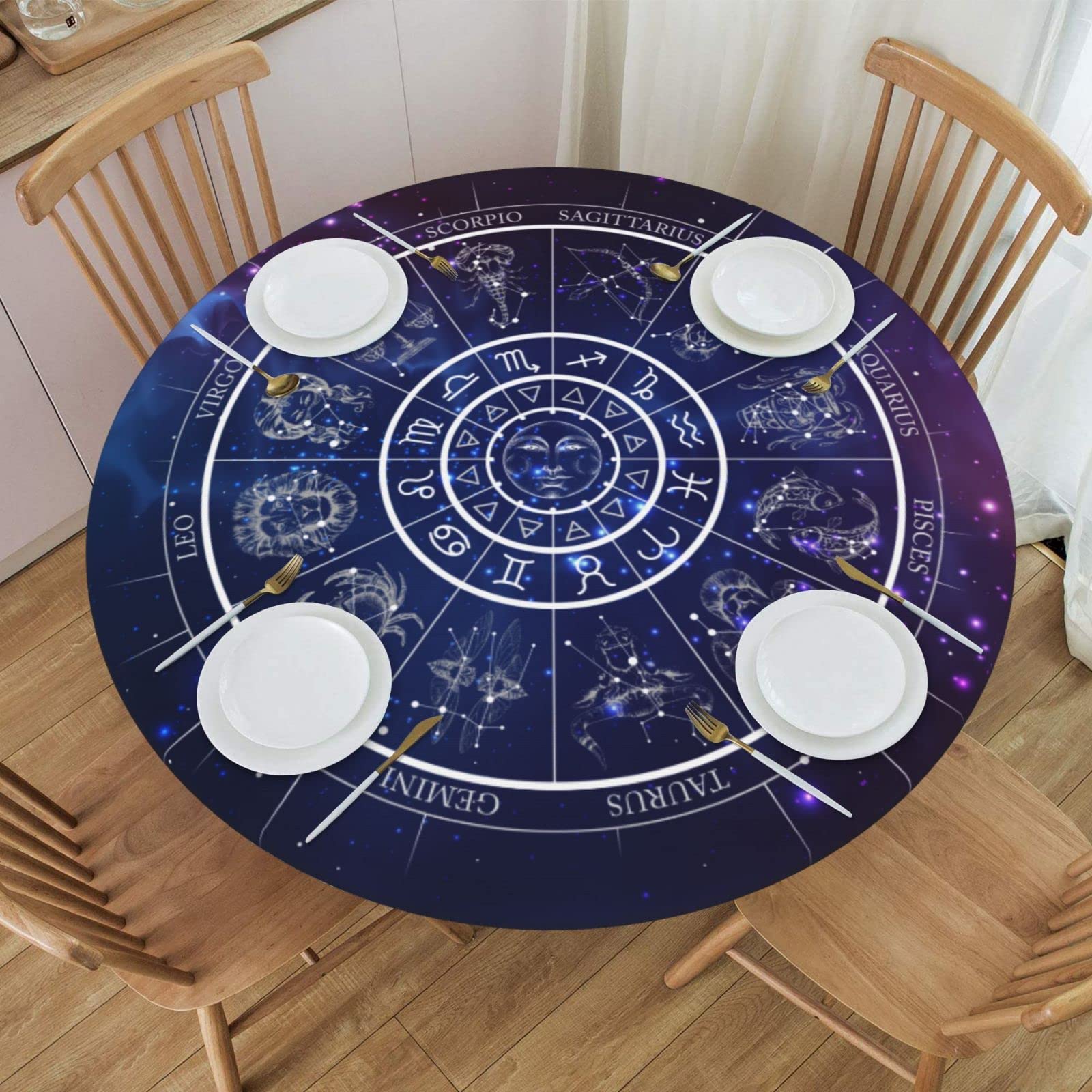 Galaxy Tarot Horoscope Wheel Tablecloth - Zodiac Round Elastic Edge Fitted Table Cover for 40