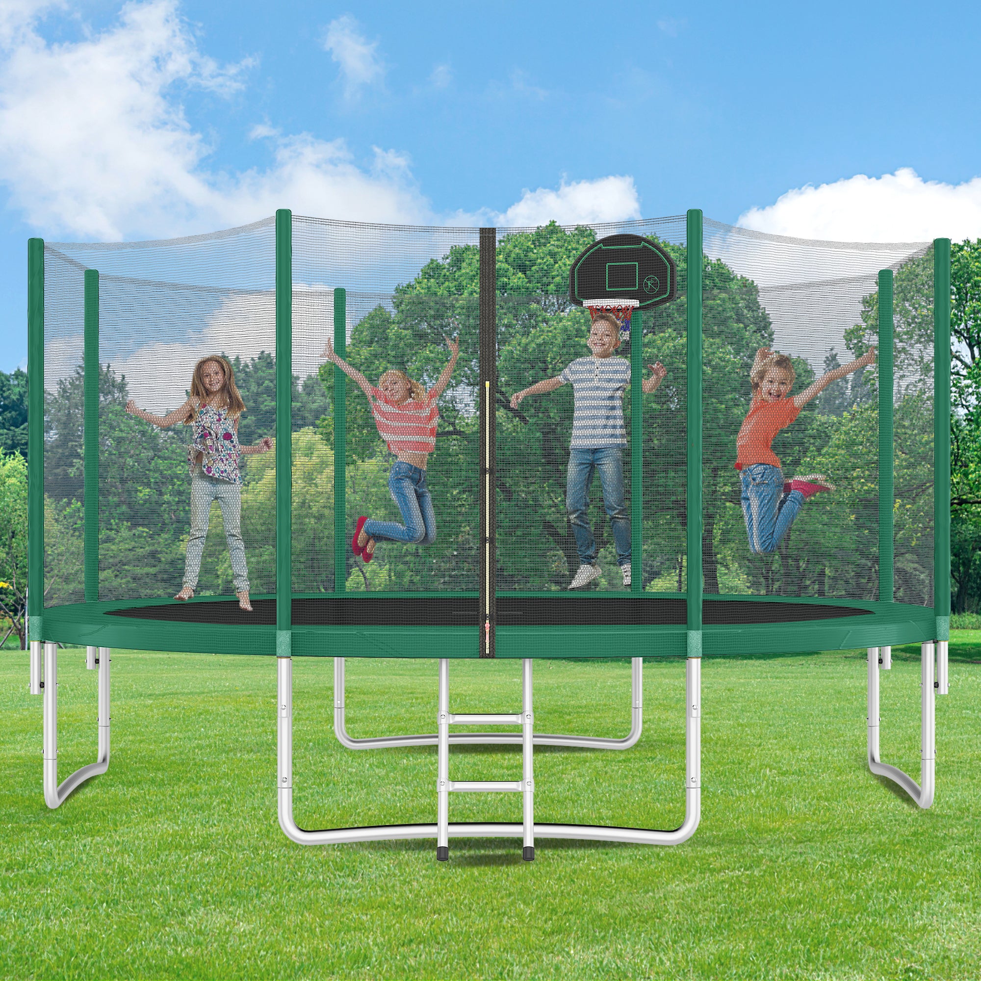 14FT Trampoline with Safety Enclosure Net - Kids Outdoor Trampoline with Basketball Hoop & Ladder - Easy Assembly Round Bouncer for Backyard, Garden, Park - Perfect for Family Fun, Exercise & Outdoor Play