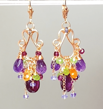 Rose Gold Chandelier Earrings with Rhodolite Garnet & Amethyst Gemstones - Lever Back Closure for Women, Elegant Dangle Earrings for Wedding, Party & Evening Events