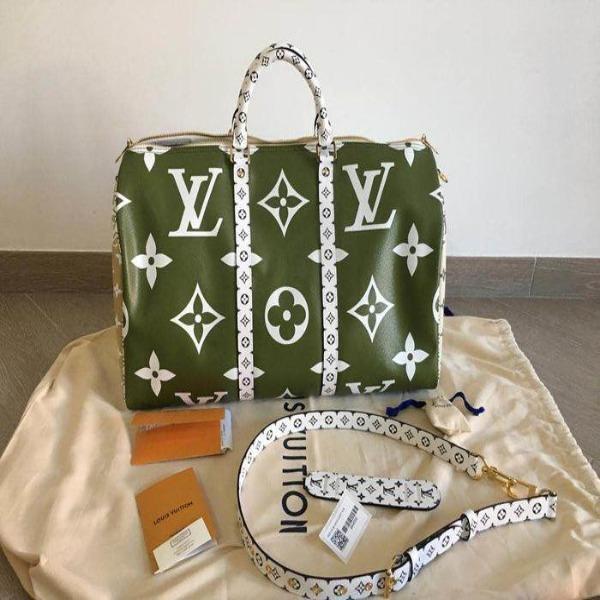 Authentic Louis Vuitton Keepall Bandouliere 50 Travel Bag - Giant Monogram in Green & Beige - Perfect for Weekend Getaways & Luxury Travel Accessories