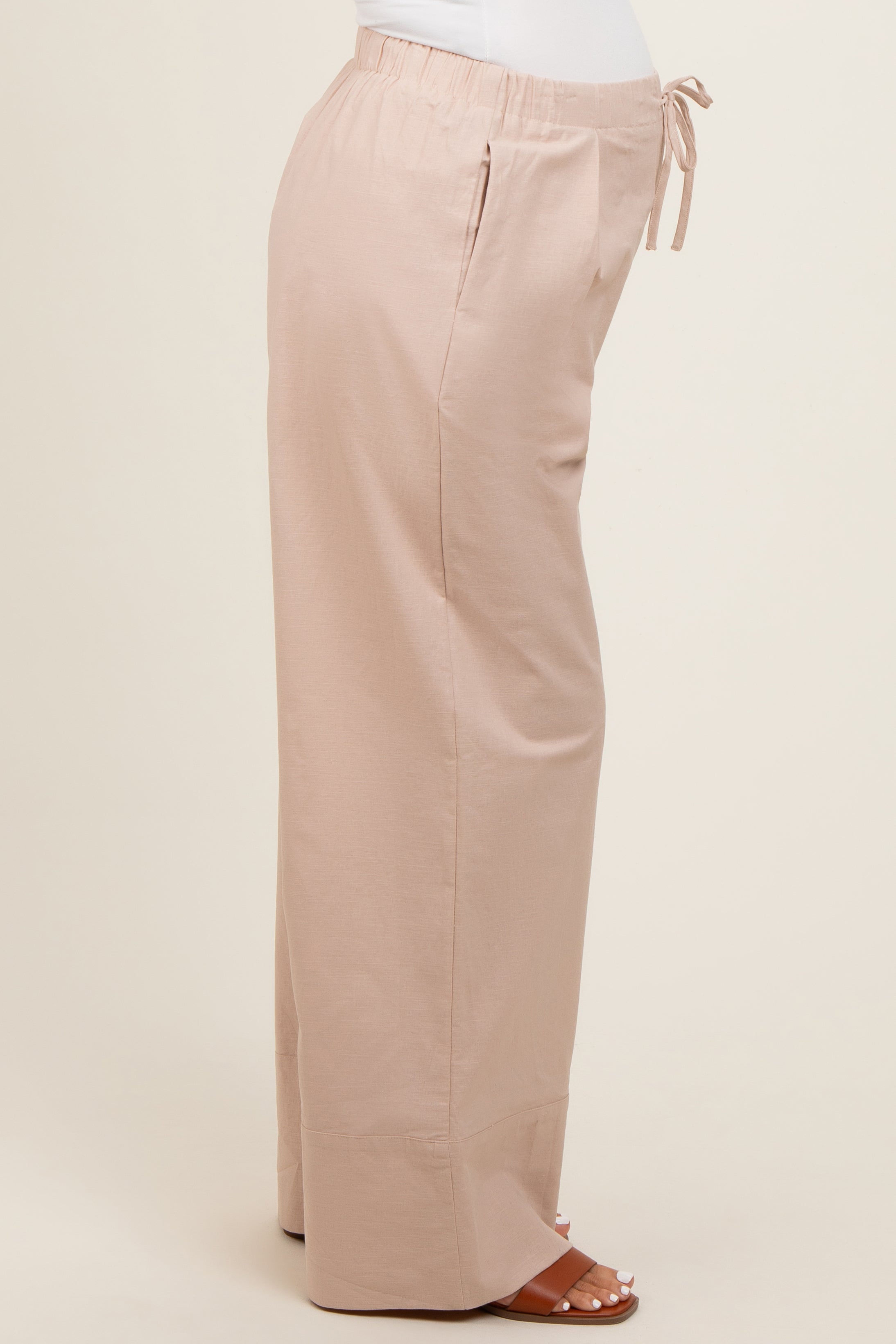Beige Pleated Drawstring Waist Maternity Pants for Pregnancy - Comfortable Stretchy Work Pants & Casual Wear for Expecting Moms