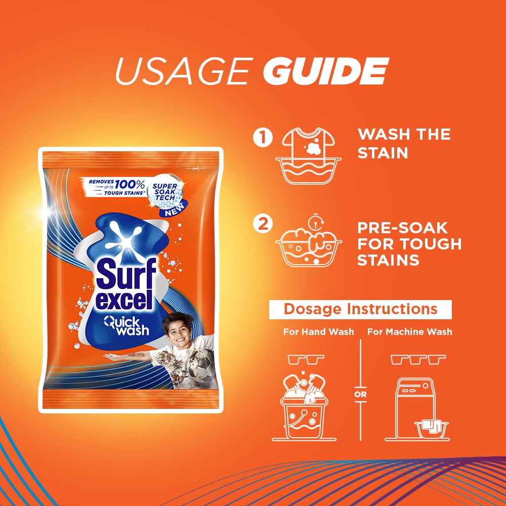 Surf Excel Quick Wash Detergent Powder 1 kg - Lemon & Bleach Formula for Tough Stain Removal | Works in Bucket & Washing Machine | Ideal for Laundry, Baby Clothes & Sports Wear