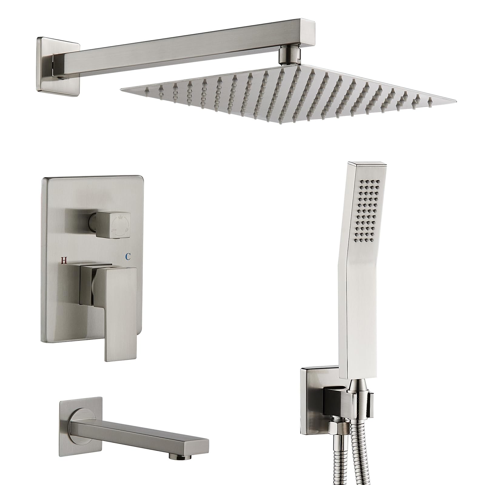 ROVATE 10 Inch Brushed Nickel Shower Faucet Set - 3-Function Bathroom Shower System with High Pressure Rainfall Shower Head, Handheld Spray & Tub Spout - Perfect for Modern Bathroom Renovations & Spa-Like Shower Experience
