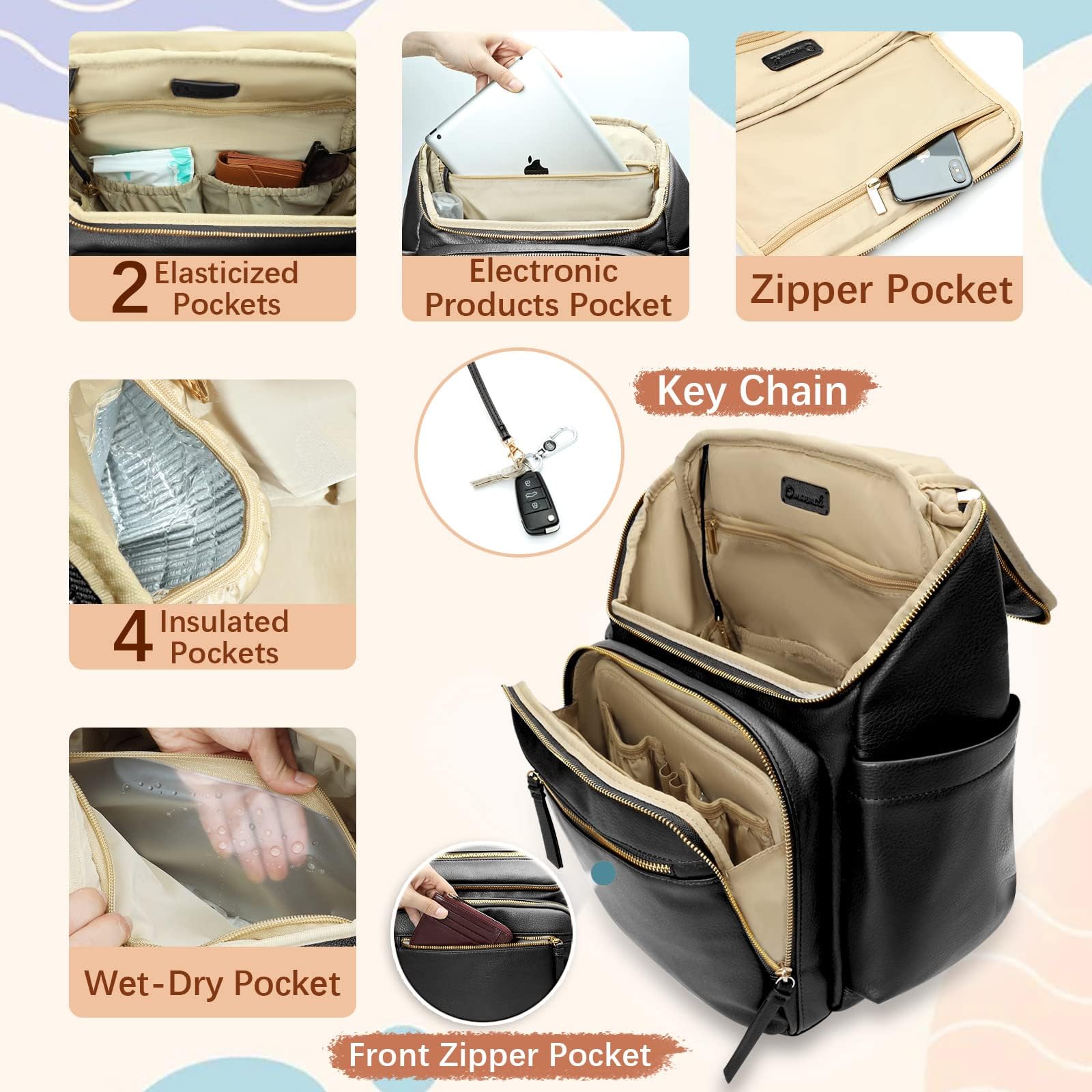MISS FONG Baby Diaper Backpack - Large Waterproof Travel Changing Bag for Parents with Insulated Bottle Pockets & Stroller Straps - Perfect for Daycare, Outings and Family Travel