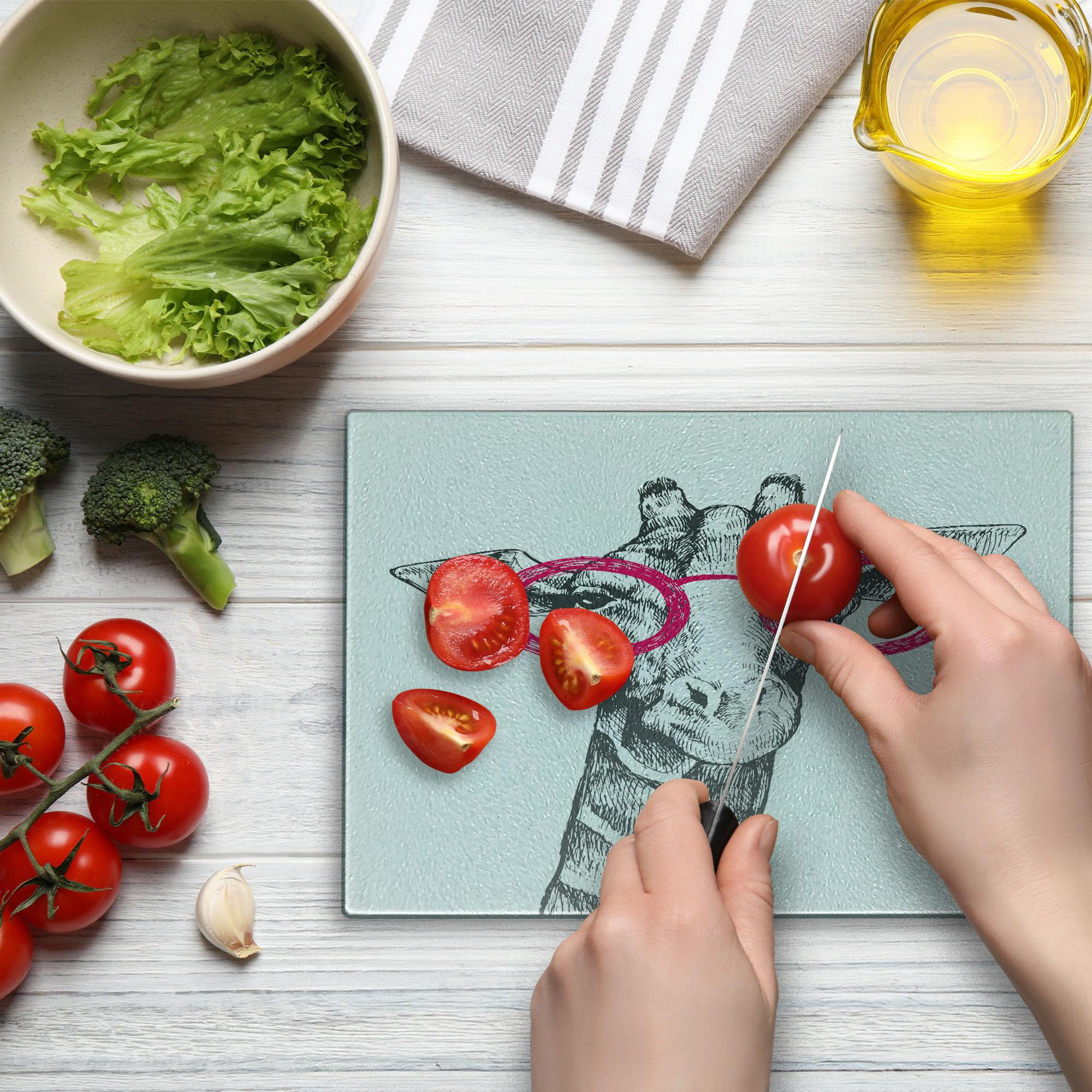 Ambesonne Funny Animal Retro Fashion Round Glasses Cutting Board - Hand Drawn Decorative Tempered Glass Serving Board - Small Size White & Pink - Perfect for Summer Parties, Kitchen Decor & Gift Giving