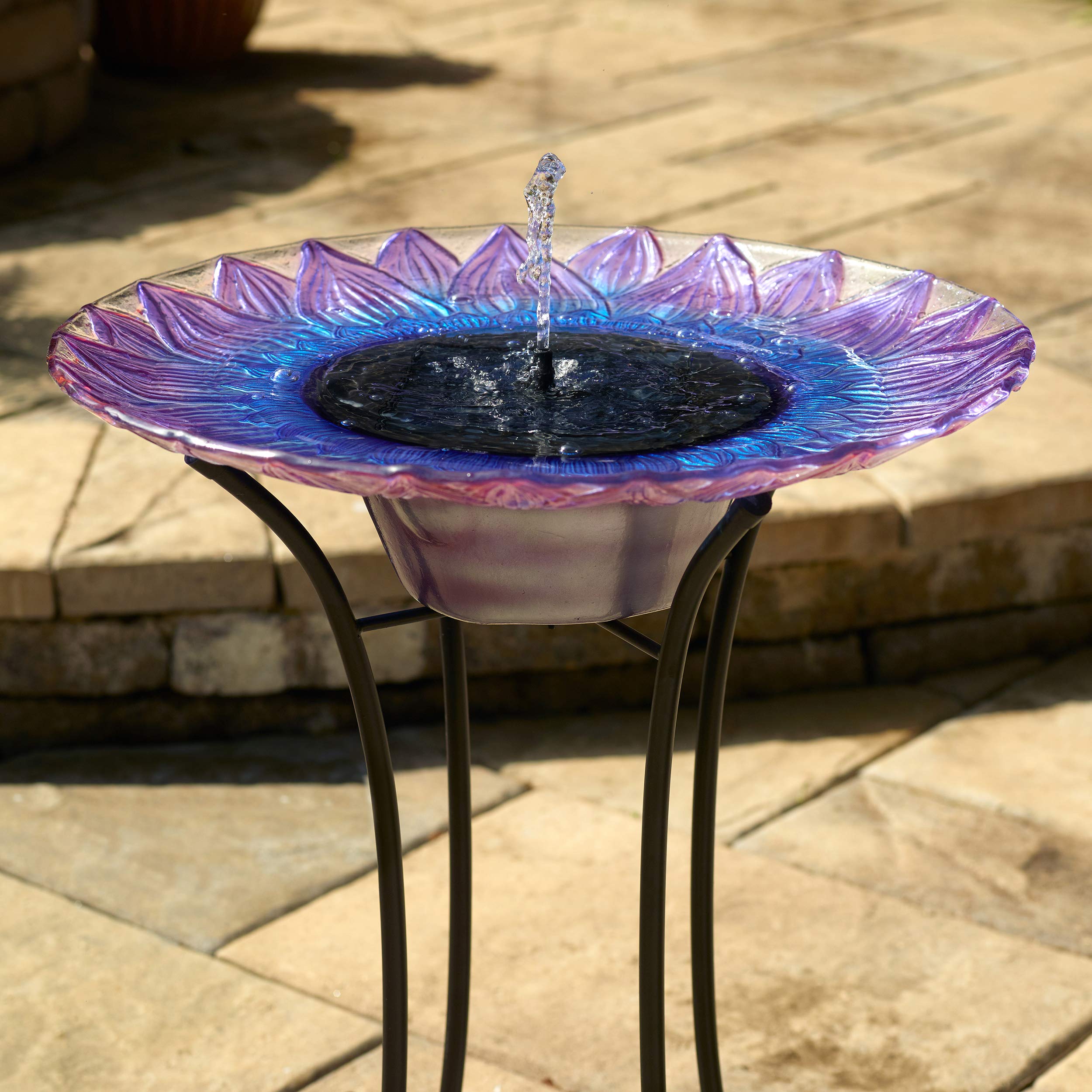 Smart Solar-Powered Birdbath Fountain with Patented Solar Panel & Pump System - Hand-Painted Glass Flower Design on Metal Stand (Blue/Purple) - Perfect for Garden, Patio, Yard Decoration & Attracting Birds