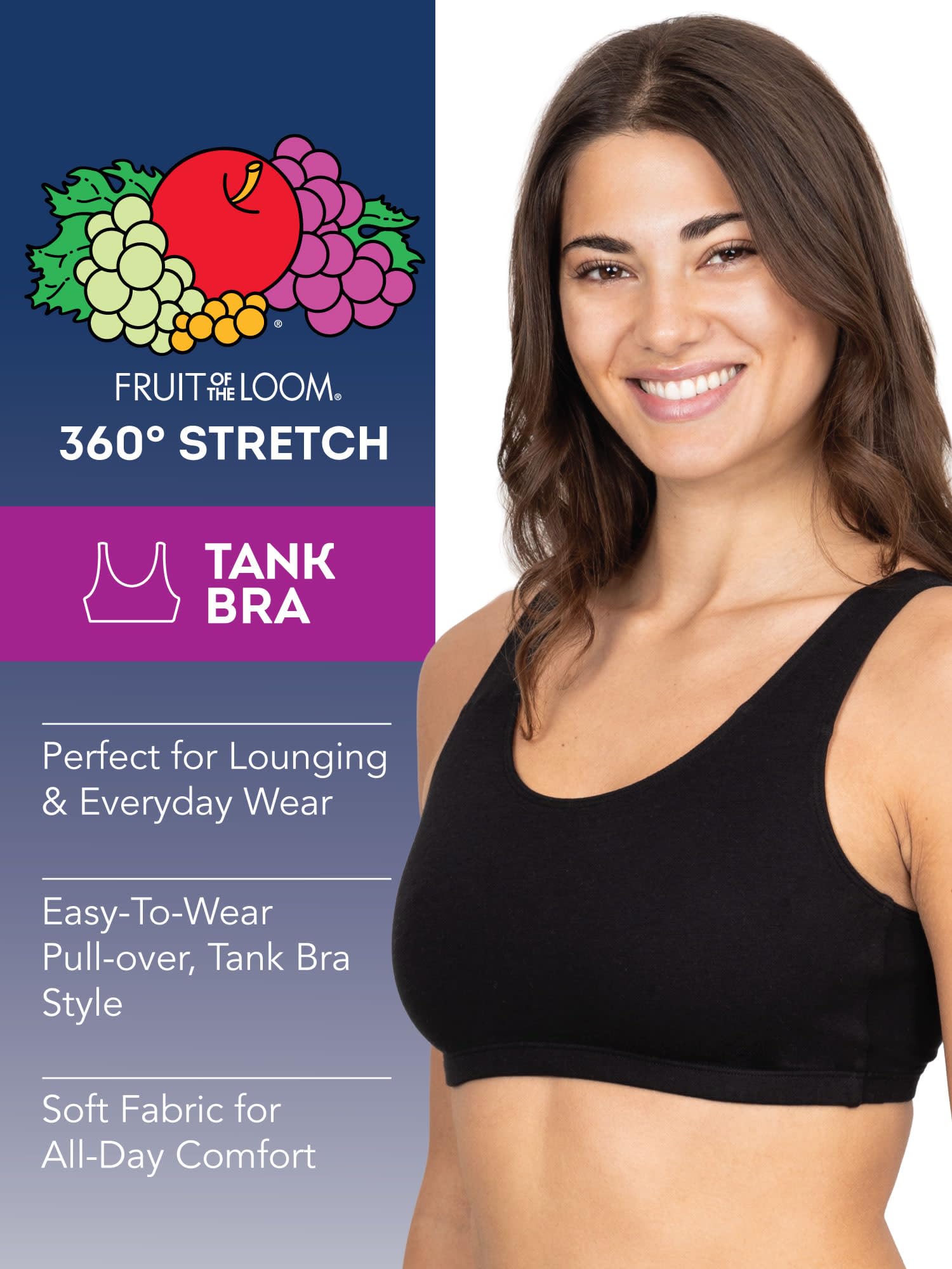 Fruit of the Loom Women's Cotton Tank Bra - Soft Comfortable Wirefree Sports Bra with Breathable Fabric for Yoga, Workout & Everyday Wear
