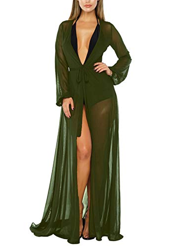 Pink Queen Women's Long Sleeve Flowy Maxi Swimsuit Cover Up Tie Front Beach Robe - Perfect for Poolside, Beach Vacation & Resort Wear