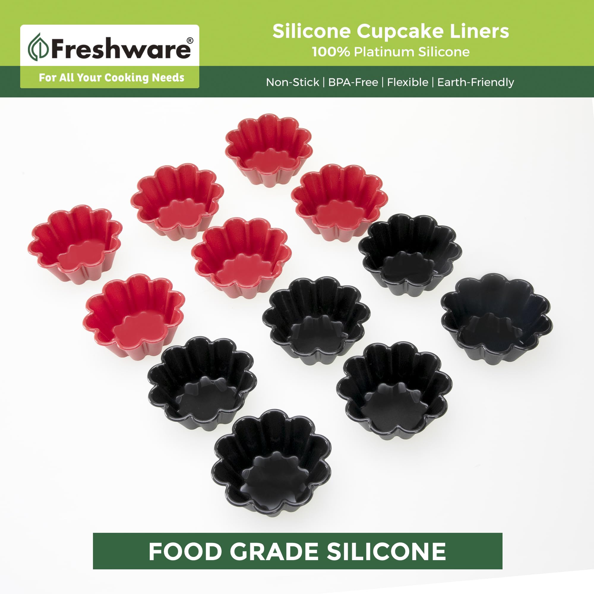 Freshware 12-Pack Silicone Cupcake Liners - 3 Inch Reusable Non-Stick Muffin Baking Cups for Baking, Party, Halloween & Christmas - Perfect for Cupcakes, Muffins & Flower-Shaped Desserts