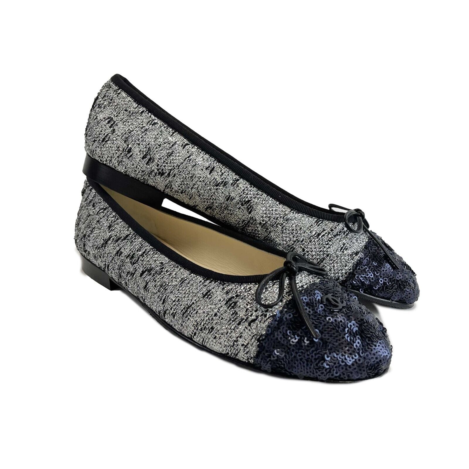 Chanel Tweed Sequin Cap Toe Ballerina Flats - Women's Size 7.5 US (38.5 EUR) | Elegant & Comfortable Shoes for Parties, Weddings & Office Wear