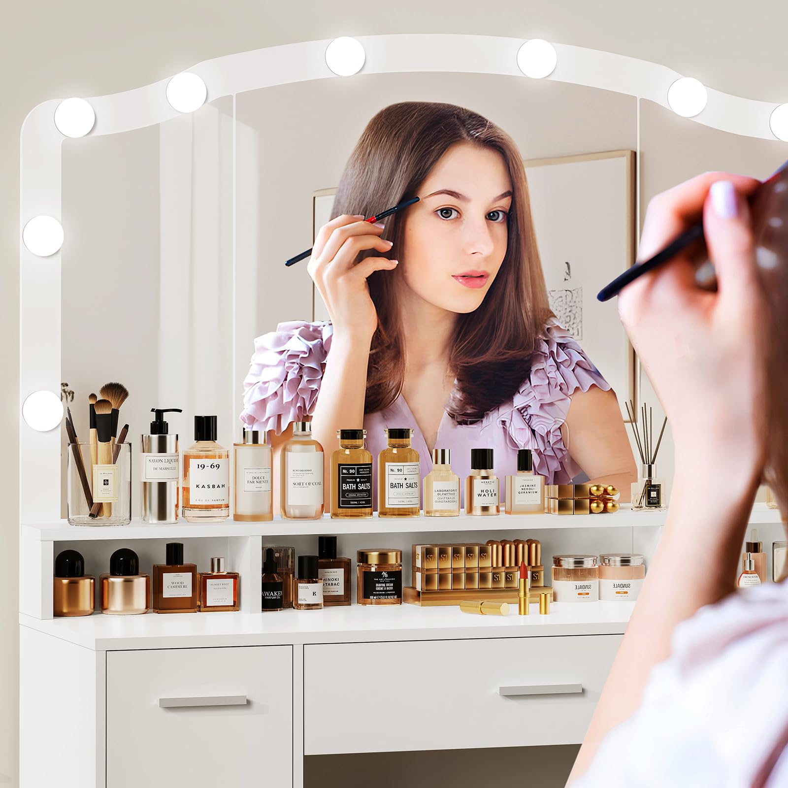 USIKEY White Makeup Vanity with Lights - 10 LED Dressing Table with 3 Drawers, 2 Cabinets & Storage Shelf, Includes Stool - Perfect for Women & Girls Bedroom, Beauty Salon or Dressing Room