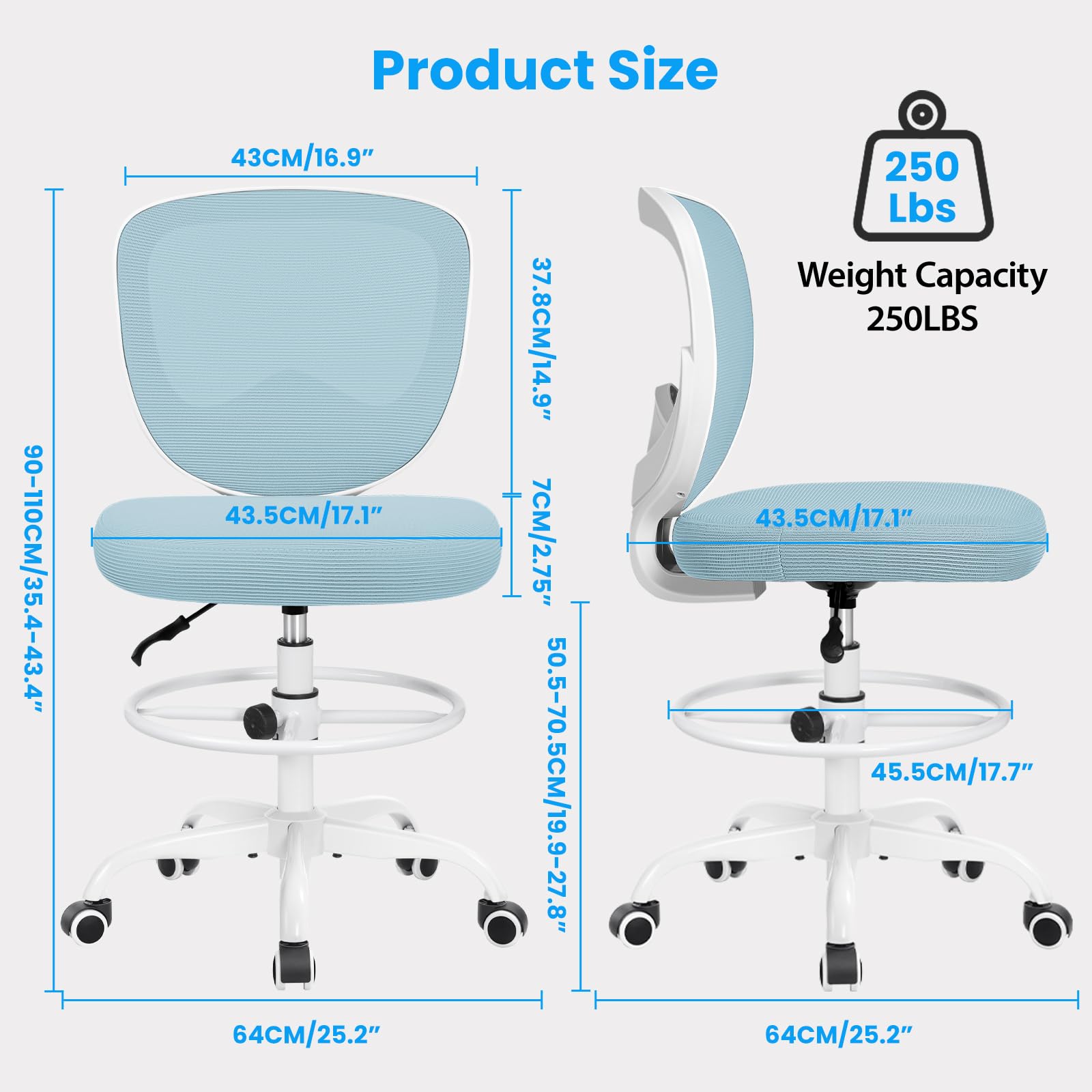 **Ergonomic Drafting Chair - Adjustable Height Office Stool with Footrest for Standing Desks, Rolling Armless High Chair for Artists & Designers - Perfect for Home Office, Studio & Workspaces**