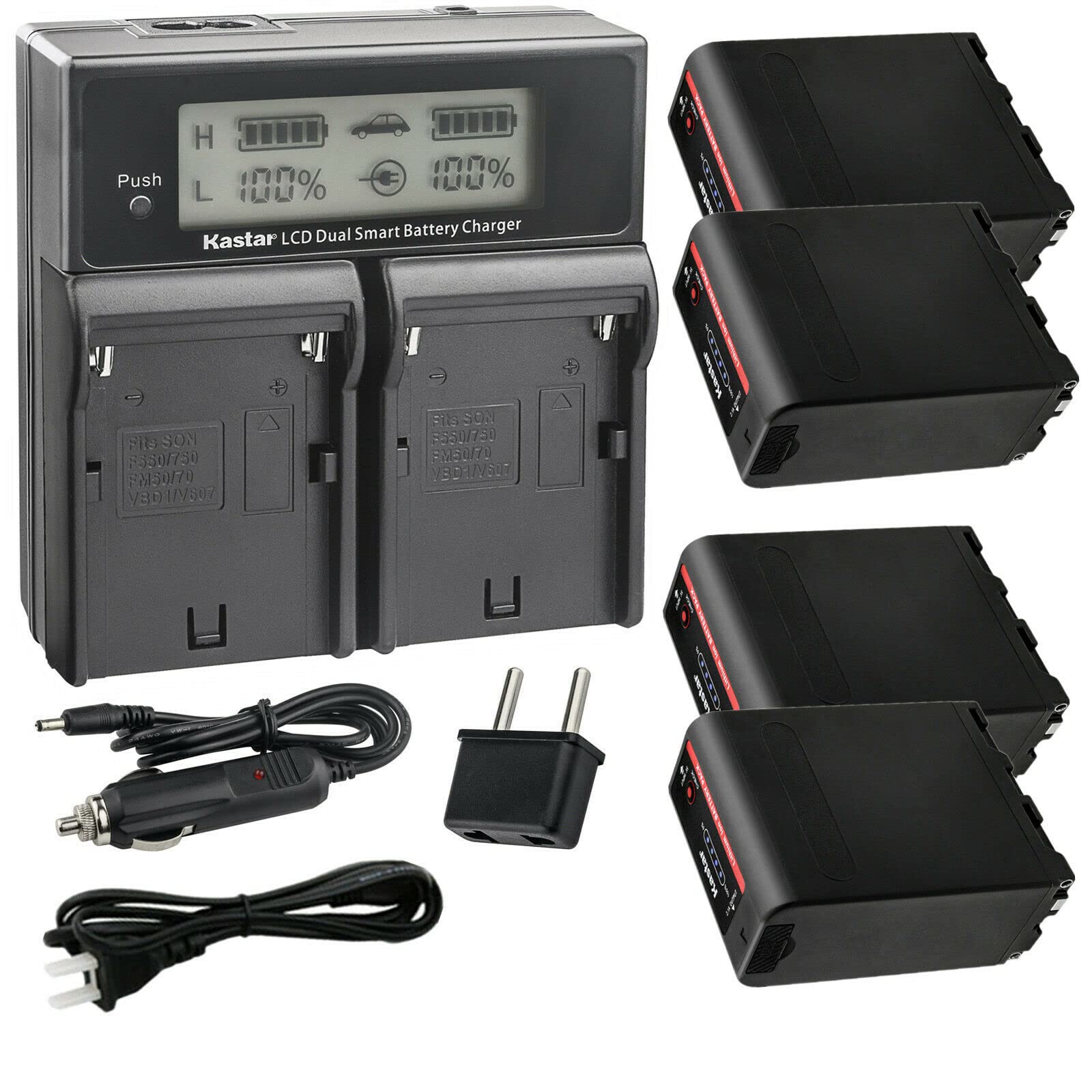 Kastar 4-Pack NP-F990EXP Replacement Battery & CH04 Dual Fast Charger for Sony CCD-TRV Series Cameras - Perfect for Travel, Vlogging, and Outdoor Photography