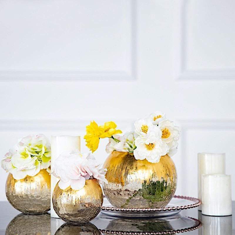 4.5 Inch Tall Round Crackle Glass Candle Holder Vase - Gold Finish for Wedding Centerpieces, Table Decor & Home Decoration