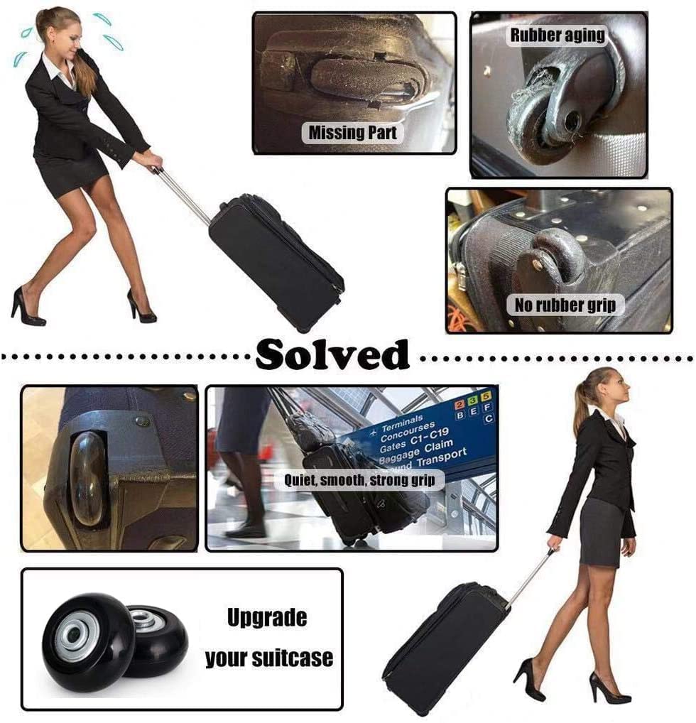 45mm Luggage Wheel Replacement Set - 4 Pack Heavy Duty Swivel Caster Wheels with Bearings & Axles (Fits 30mm & 35mm) - Black Rubber Suitcase Repair Kit 3.31x3.07x1.3 inches - Perfect for Travel Luggage, Trolley Cases & Rolling Bags