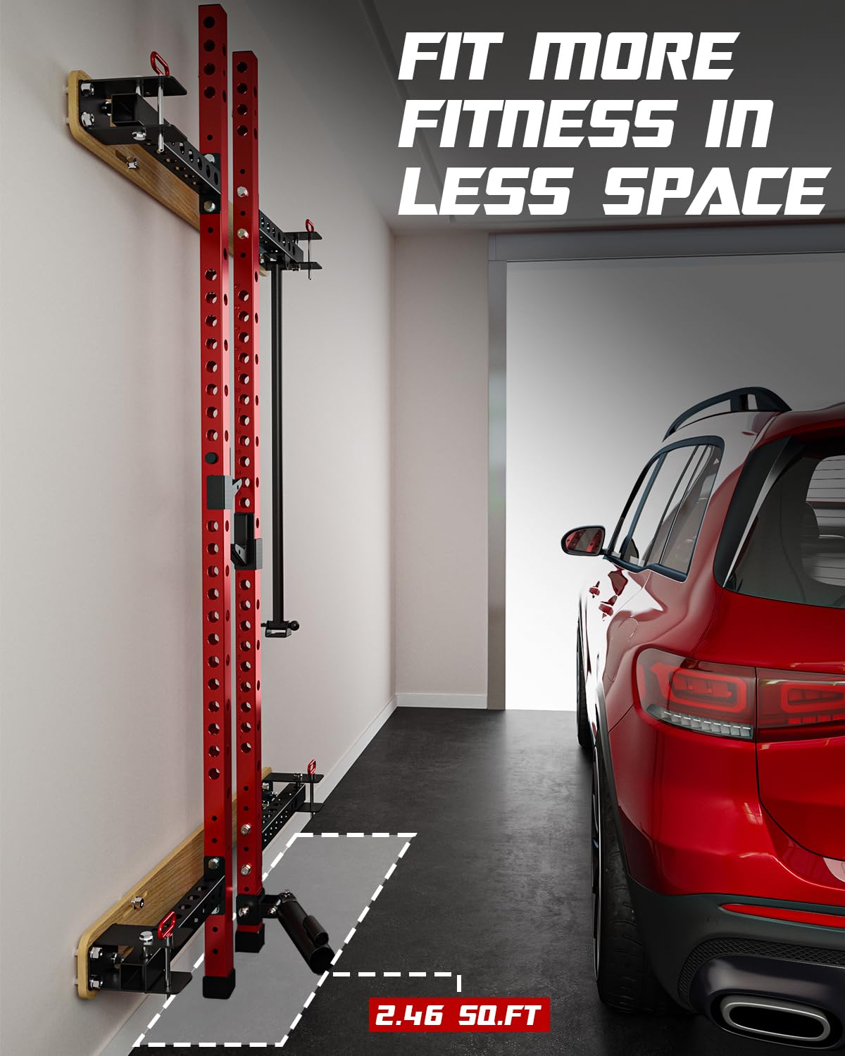 Foldable Wall Mounted Squat Rack - 1100 LBS Capacity Power Rack with Pull Up Bar, J Hooks, Landmine & Spotter Arms | Multi-Functional Home Gym Equipment for Strength Training | Space Saving Design for Small Home Workouts | Perfect for CrossFit, Weightlifting & Full-Body Exercises