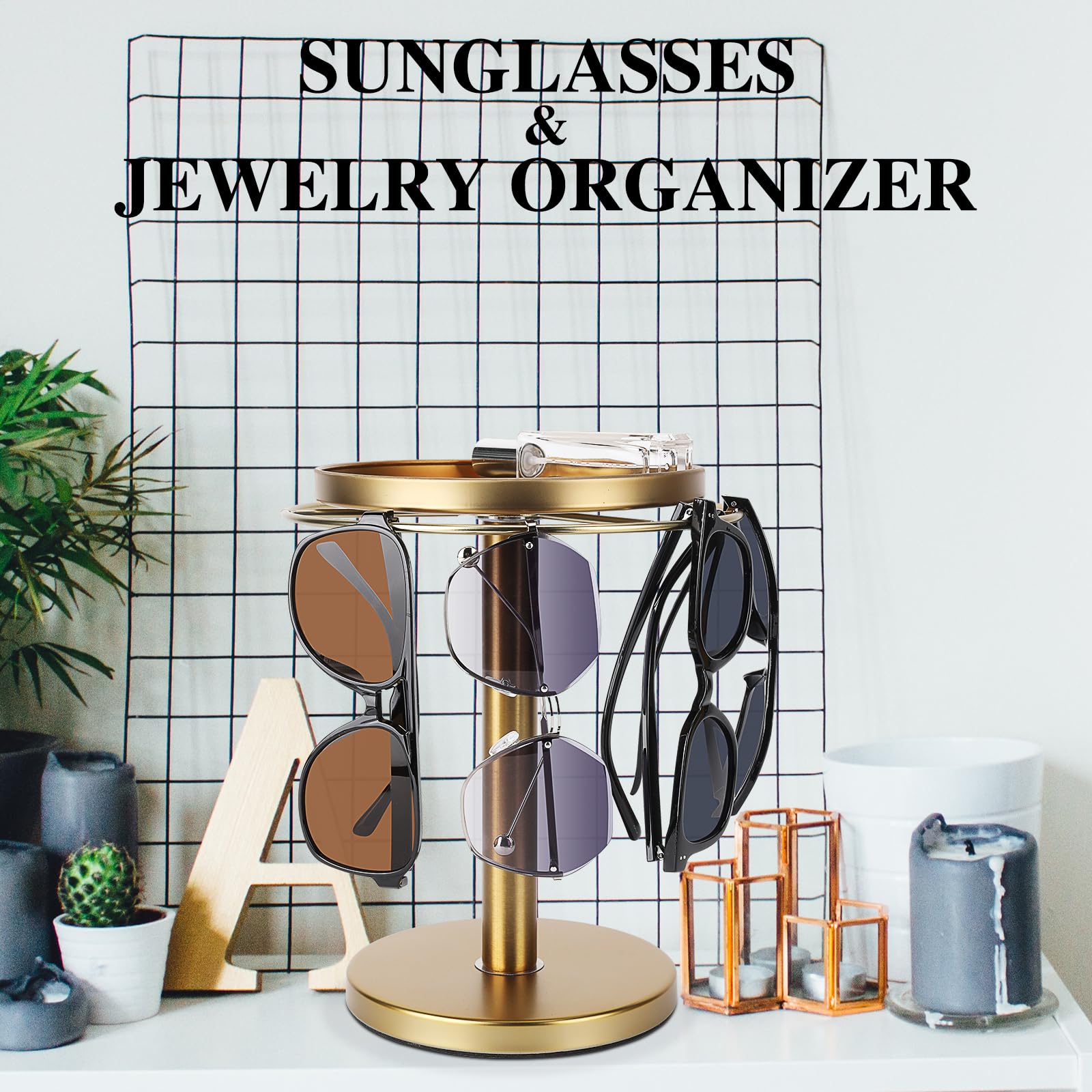 360° Rotating Sunglass Organizer - Stainless Steel Glasses Holder Stand with Tray for Desk, Dresser & Nightstand | Space-Saving Eyewear Storage for Home & Office Decor (Gold)