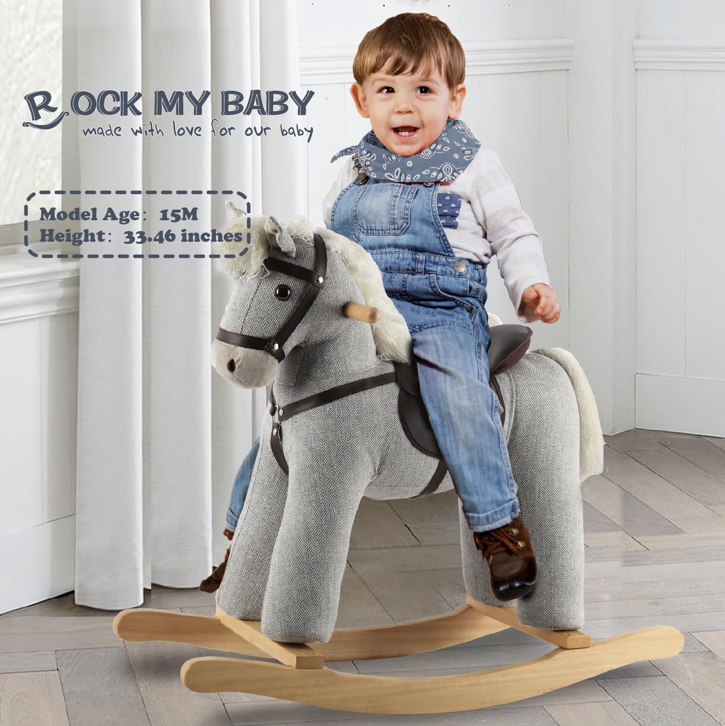 Gray Wooden Rocking Horse Toy with Realistic Sound - Safe & Fun Ride-On Pony for Kids | CPC Certified | Perfect for Nursery Decor & Toddler Playtime