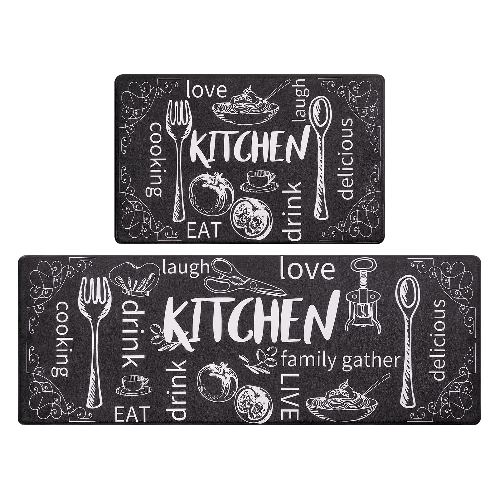 HEBE Anti-Fatigue Kitchen Mat Set of 2 - Non-Slip Thick Cushioned Standing Mats with Runner (17