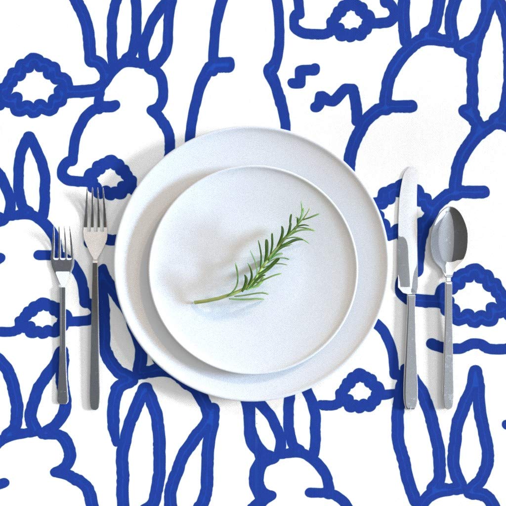 Cobalt Blue Bunny Rabbit Spring Woodland Animal Easter Print Cotton Sateen Tablecloth 70
