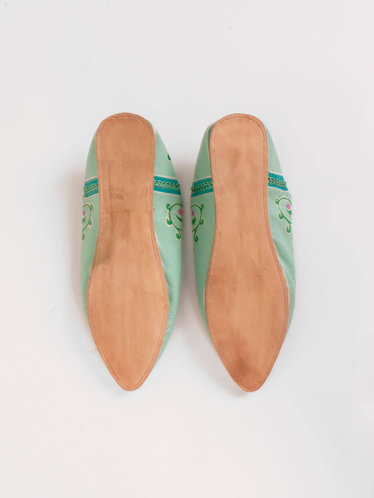 Hand Painted Leaf Moroccan Babouche Slippers - Sage Green Comfortable House Shoes for Women | Cozy Homewear, Lounge Wear & Boho Chic Fashion Accessory