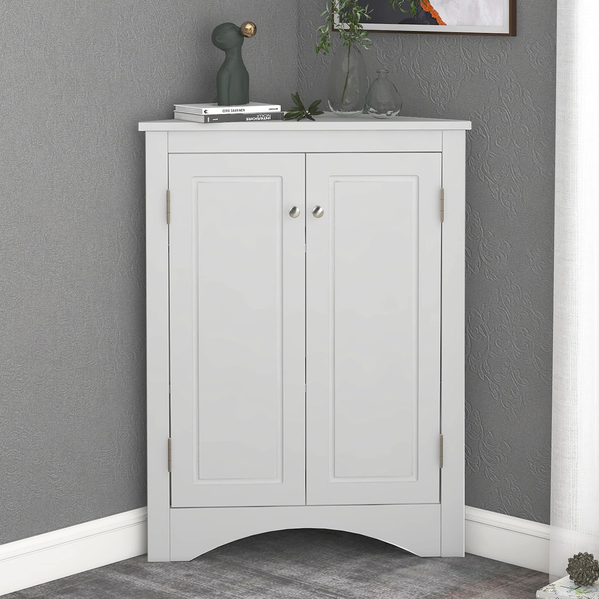 White Adjustable Shelf Bathroom Storage Cabinet - Freestanding Triangle Floor Organizer for Bathroom, Kitchen & Living Room - Spacious Home Storage Solution for Towels, Toiletries & Decor