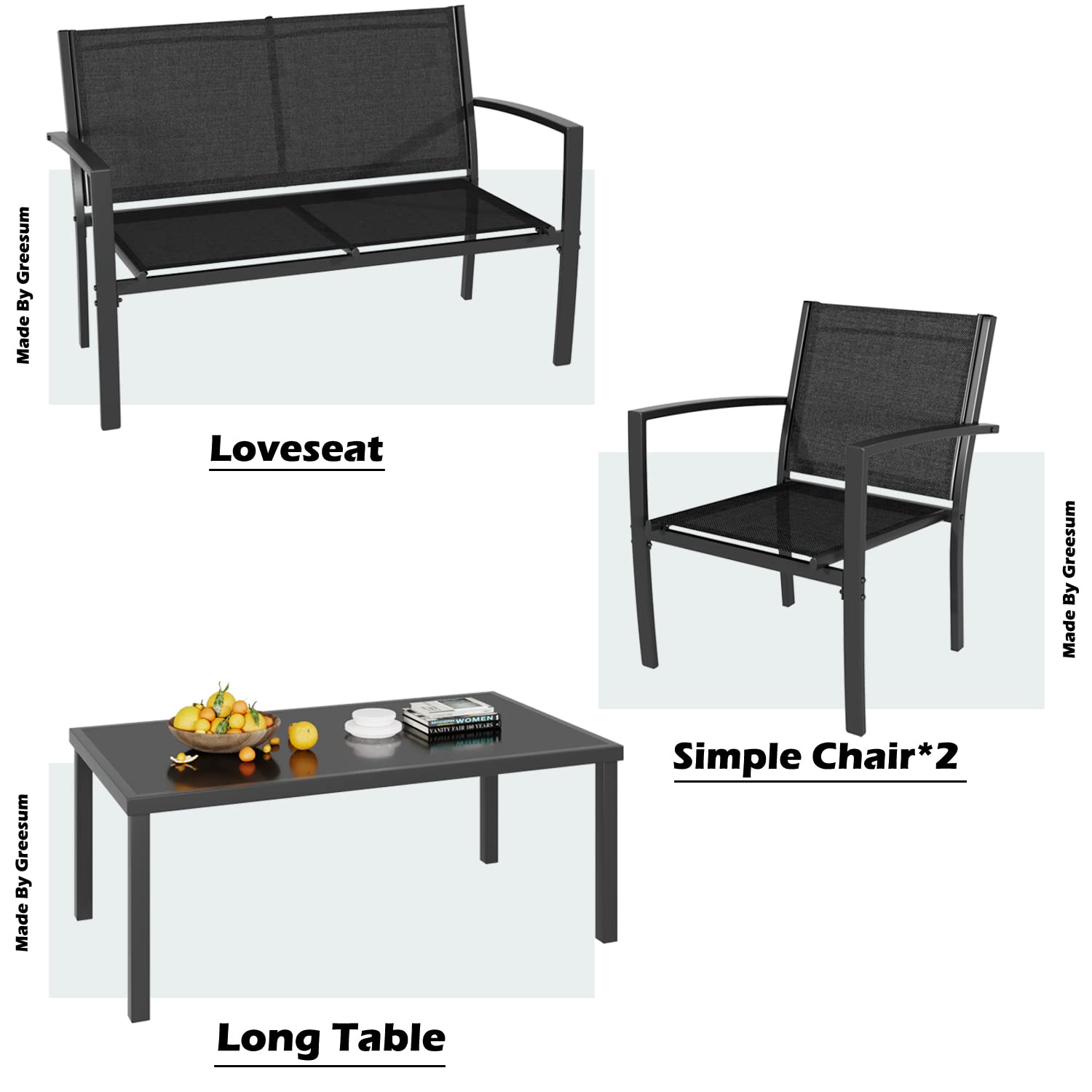 Greesum 4-Piece Outdoor Patio Furniture Set with Glass Coffee Table - Black Conversation Set for Garden, Lawn, Poolside & Backyard Relaxation | Perfect for Outdoor Entertaining & Lounging