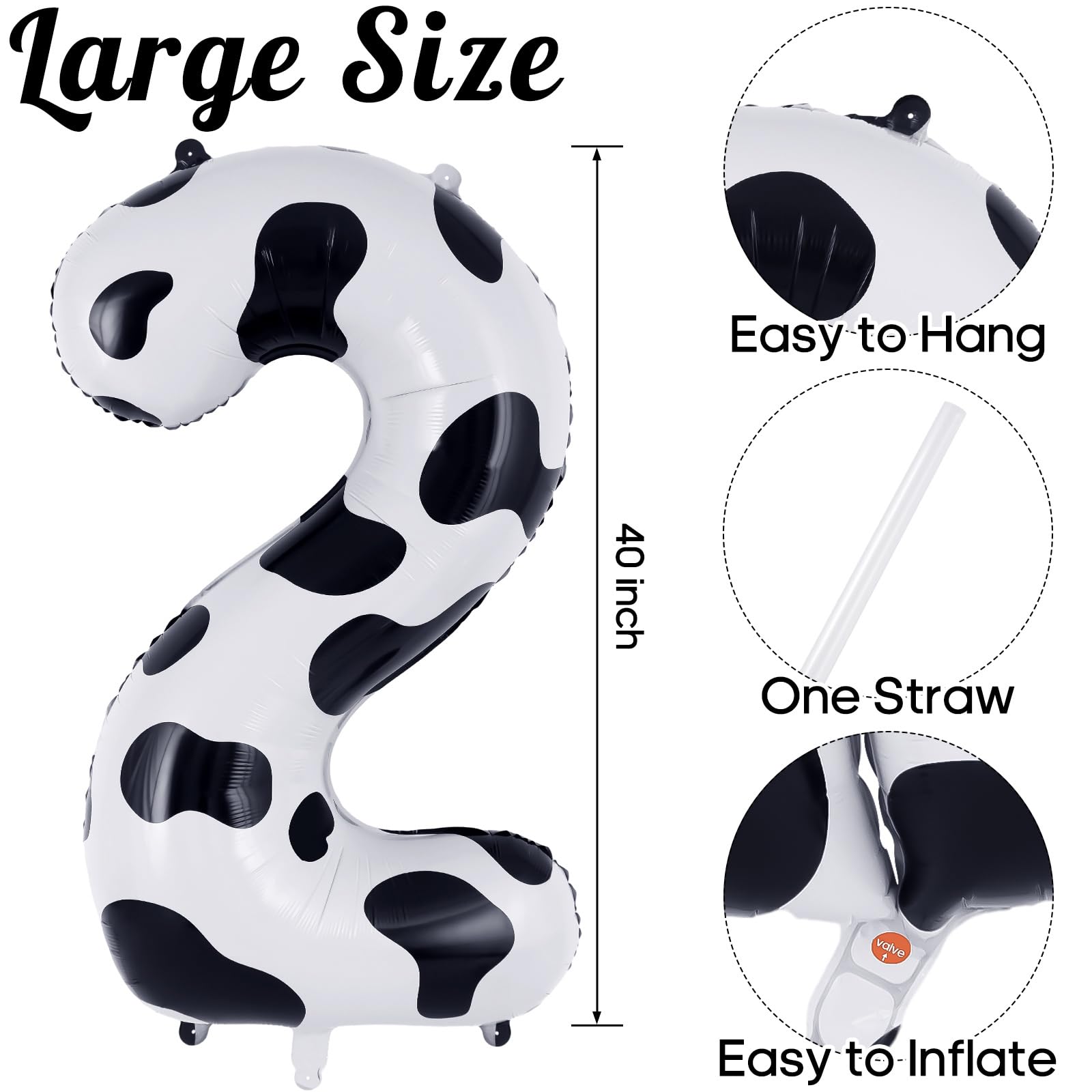 40 Inch Large Cow Print Number 2 Balloon - Foil Mylar Birthday Balloons for 2 Year Old Party Decorations | Cowboy Cowgirl & Animal Farm Theme Birthday Supplies | Perfect for 2nd Birthday Parties, Farm-Themed Events & Western Decorations