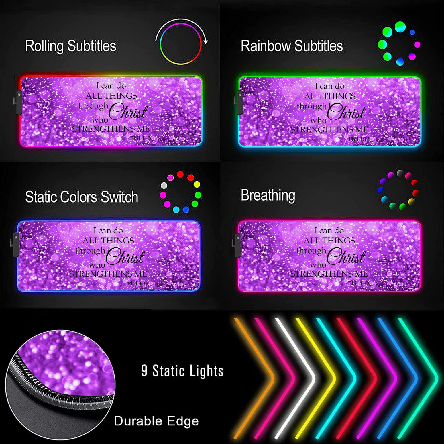 RGB Gaming Mouse Pad with LED Lights - Large Non-Slip Desk Mat for Keyboard & Mouse - Purple Sparkles Design with Philippians 4:13 Bible Verse - Perfect for PC Gaming, Office Work & Home Computer Setup