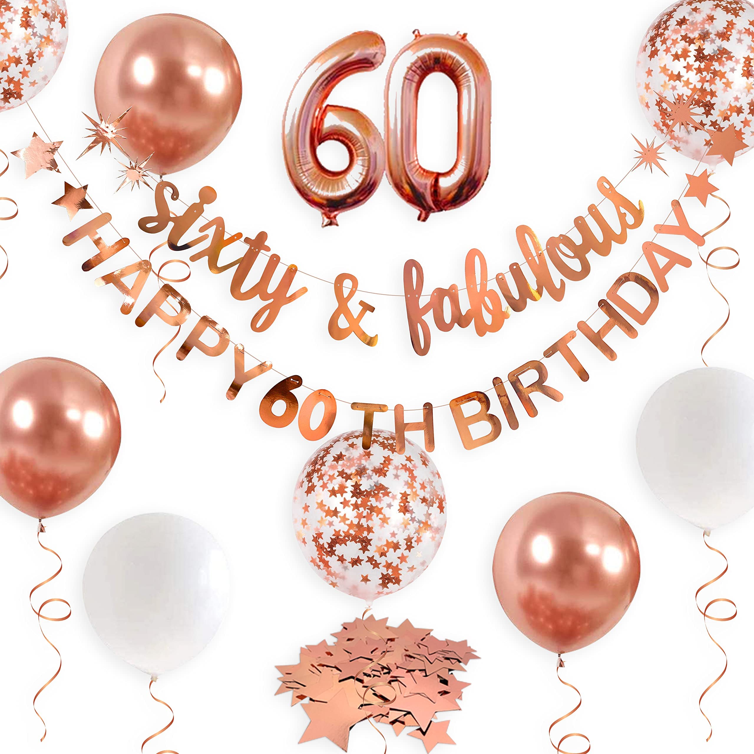 60th Birthday Decorations - Rose Gold 'Sixty & Fabulous' Banner, Garland & Foil Balloons for Women | Cheers to 60 Party Supplies | Perfect for Milestone Birthday Celebrations, Retirement Parties & Anniversary Decor