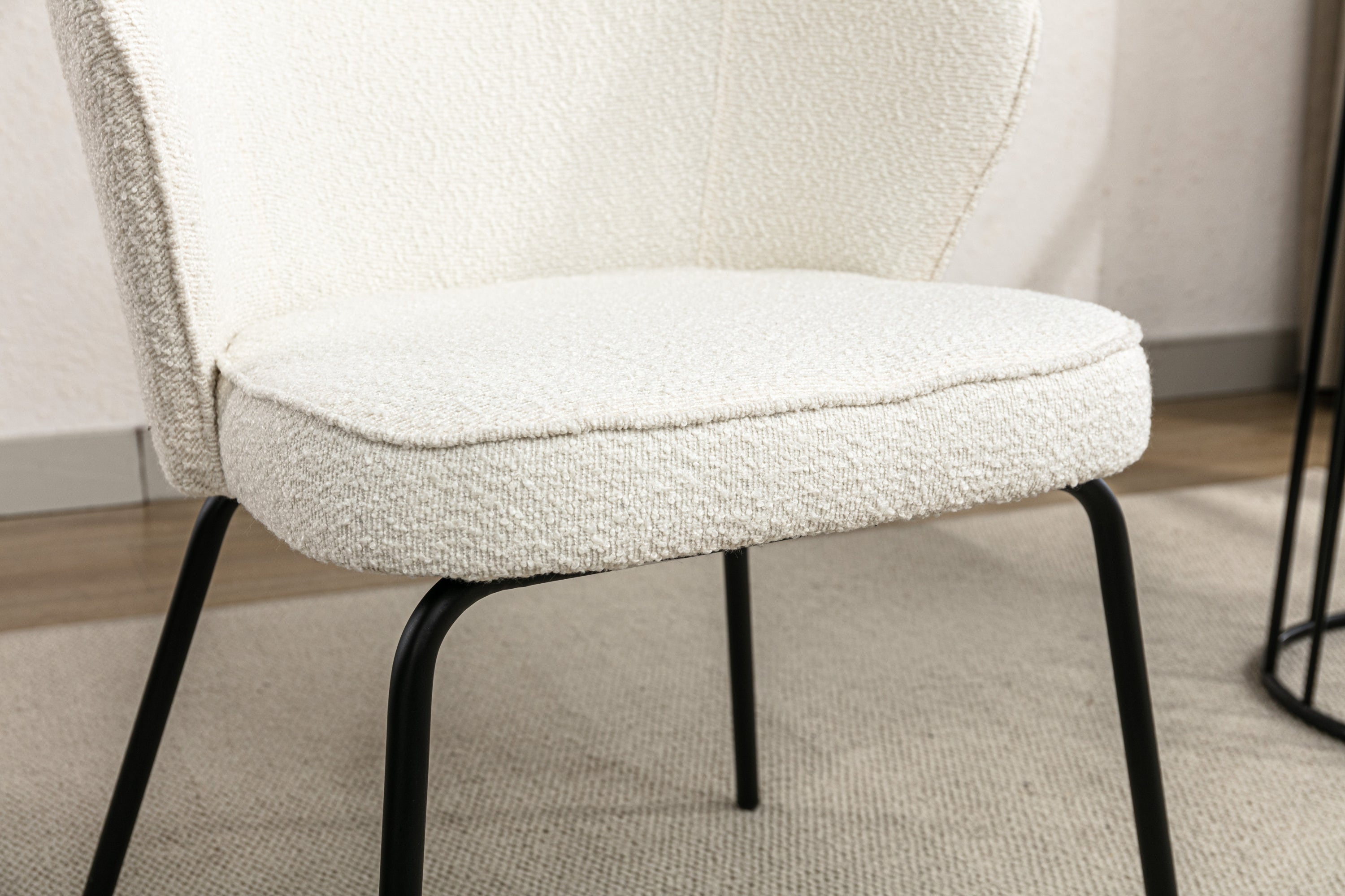 Set of 2 Modern Boucle Fabric Dining Chairs with Black Metal Legs in Ivory - Comfortable Upholstered Side Chairs for Kitchen, Dining Room, and Office Use